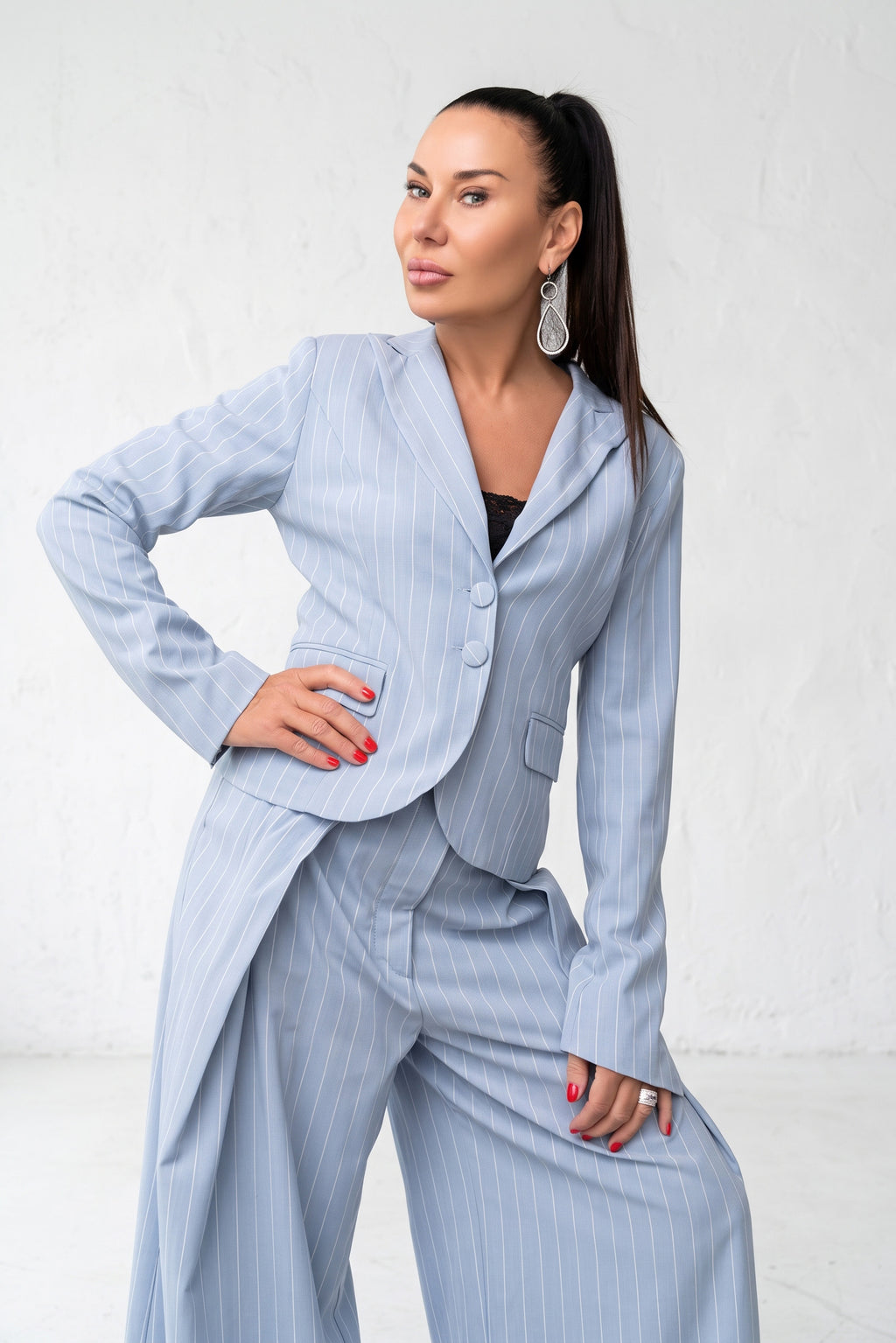 Women's light blue and white striped two-piece suit - fitted blazer and wide-leg trousers, Sandy | EUG Fashion
