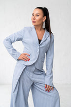 Women's light blue and white striped two-piece suit - fitted blazer and wide-leg trousers, Sandy | EUG Fashion