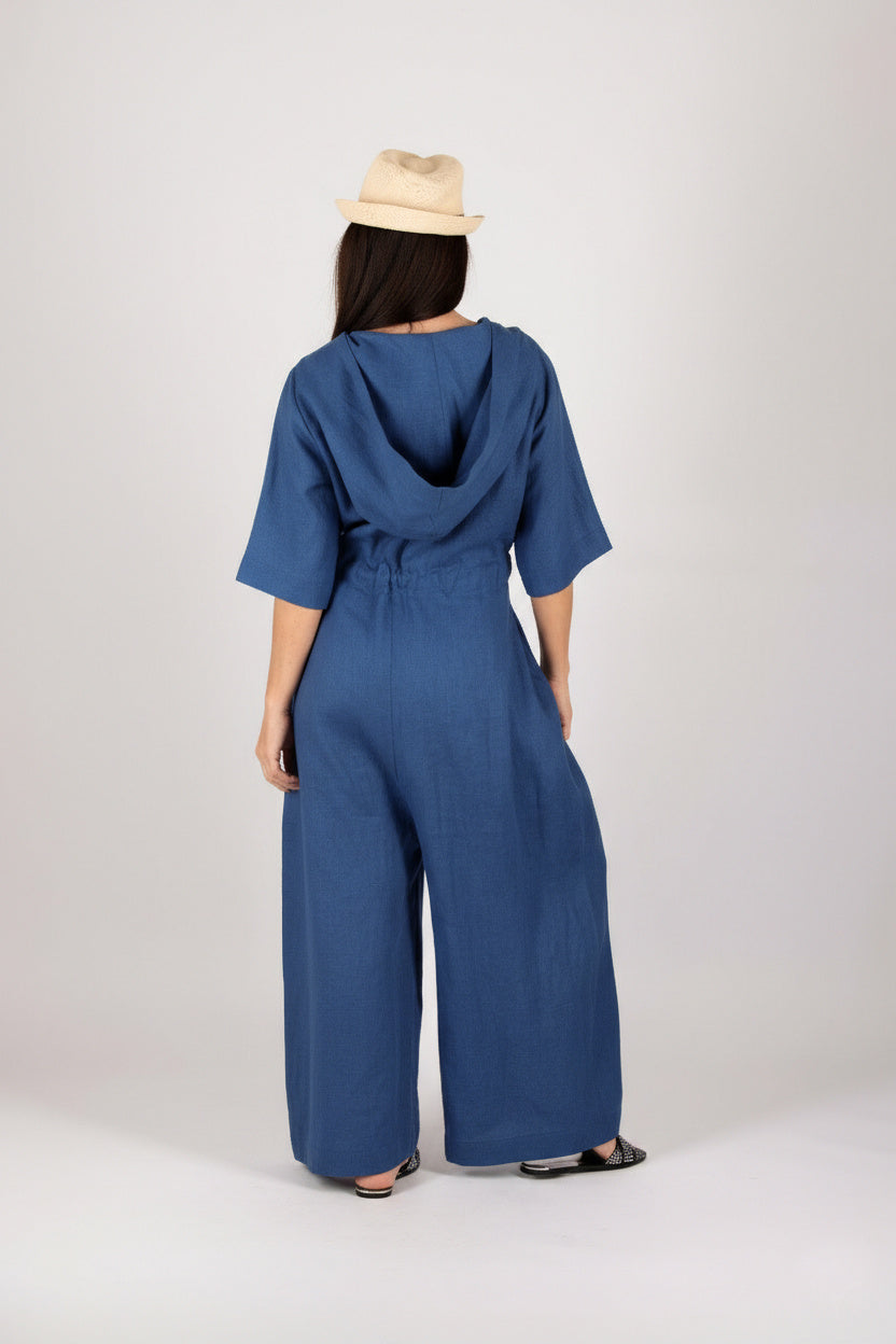 Hooded linen wide jumpsuit #blue