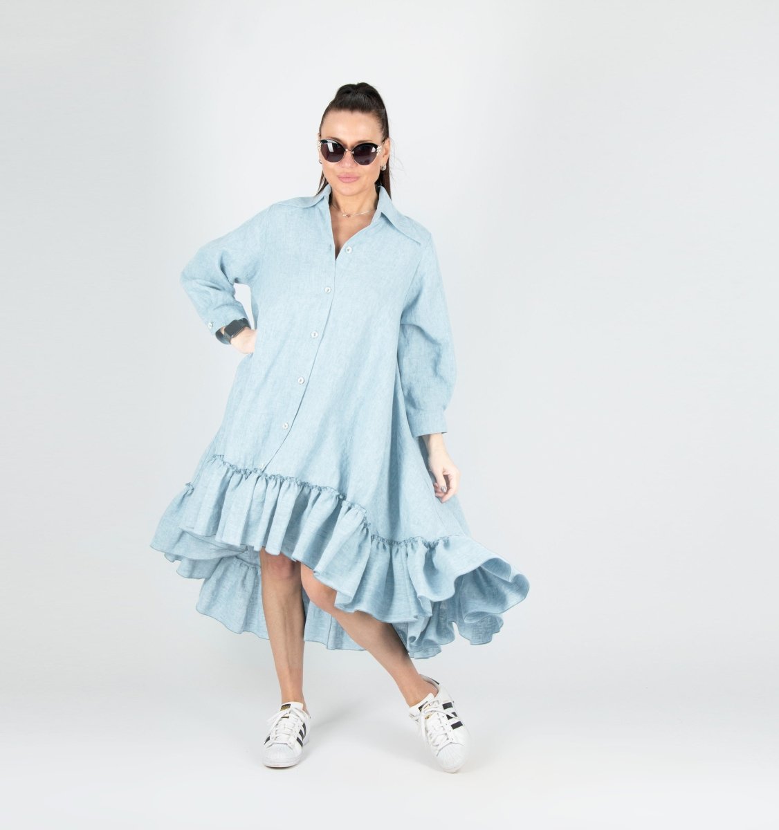 Blue Linen Shirt Dress VANESA - EUG Fashion