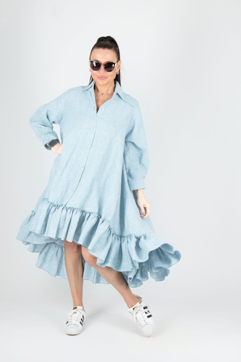 Blue Linen Shirt Dress VANESA - EUG Fashion