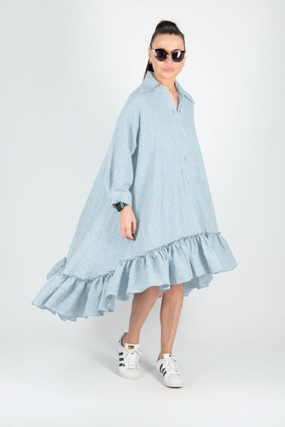 Blue Linen Shirt Dress VANESA - EUG Fashion EugFashion 