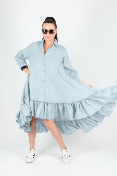 Blue Linen Shirt Dress VANESA - EUG Fashion EugFashion 