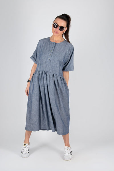 Blue Linen Summer Dress CRISTAL - EUG Fashion EugFashion 