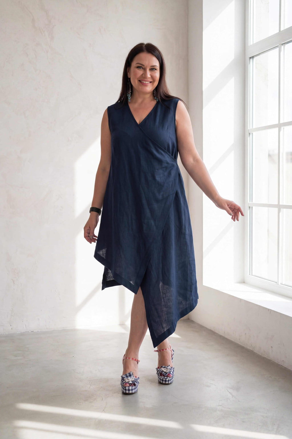 woman wrap linen dress-Eug fashion #dark-blue