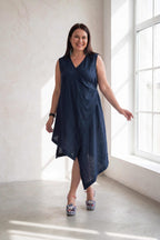 woman wrap linen dress-Eug fashion #dark-blue