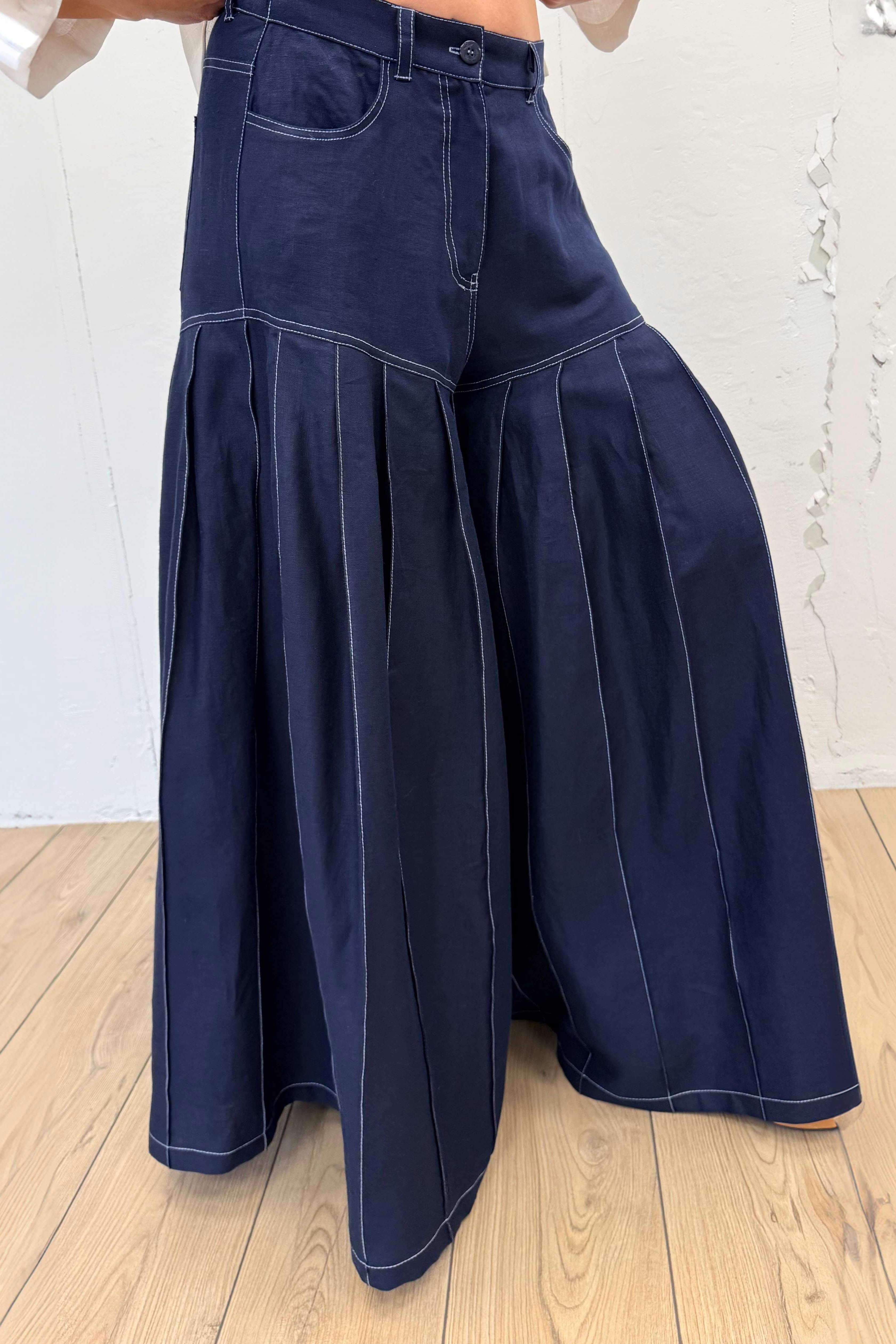 Linen wide leg pants #dark-blue