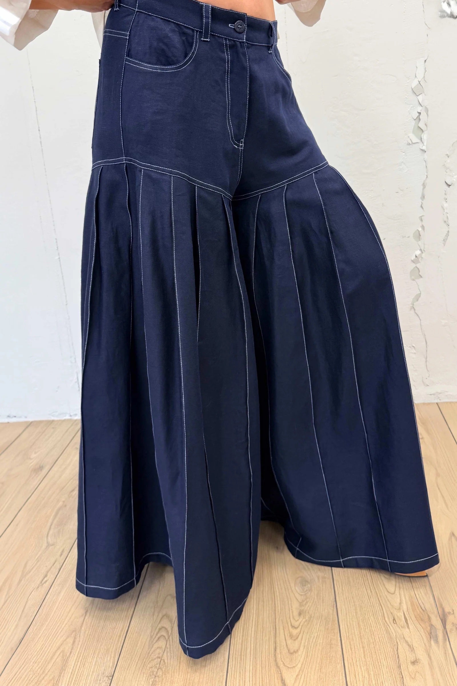 linen loose fit pants #dark-blue