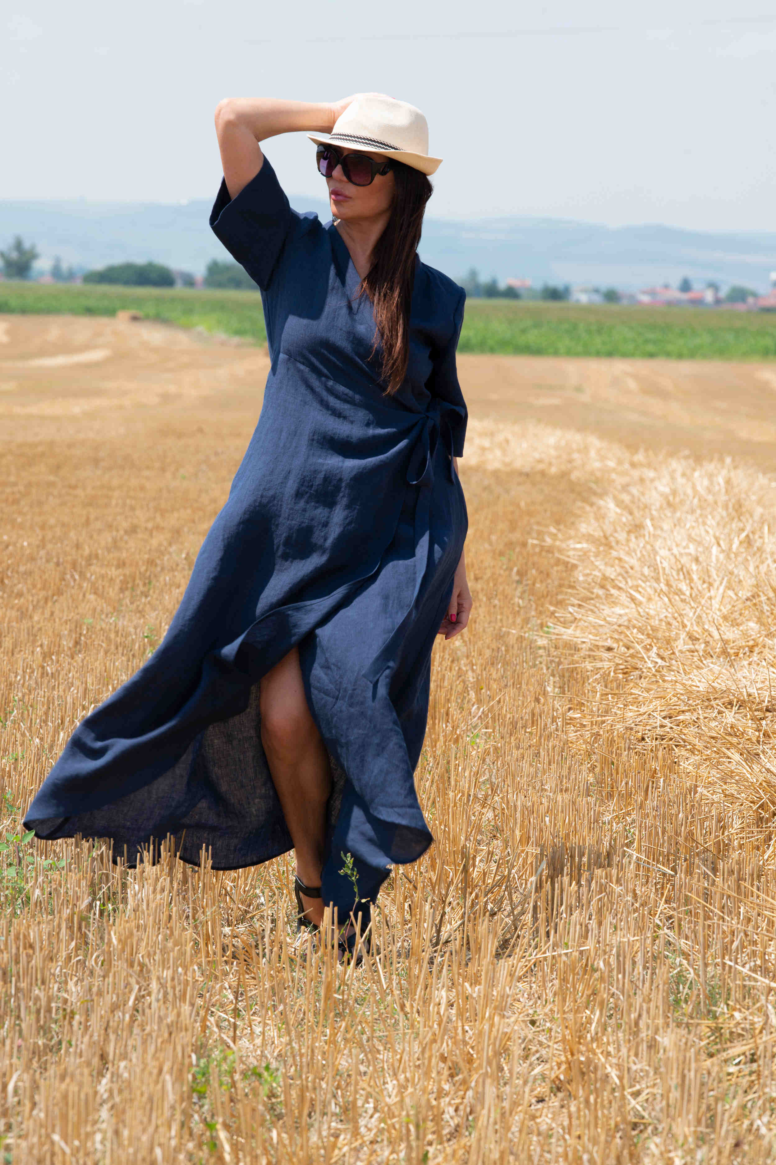 linen wrap summer dress - Eug fashion #dark-blue