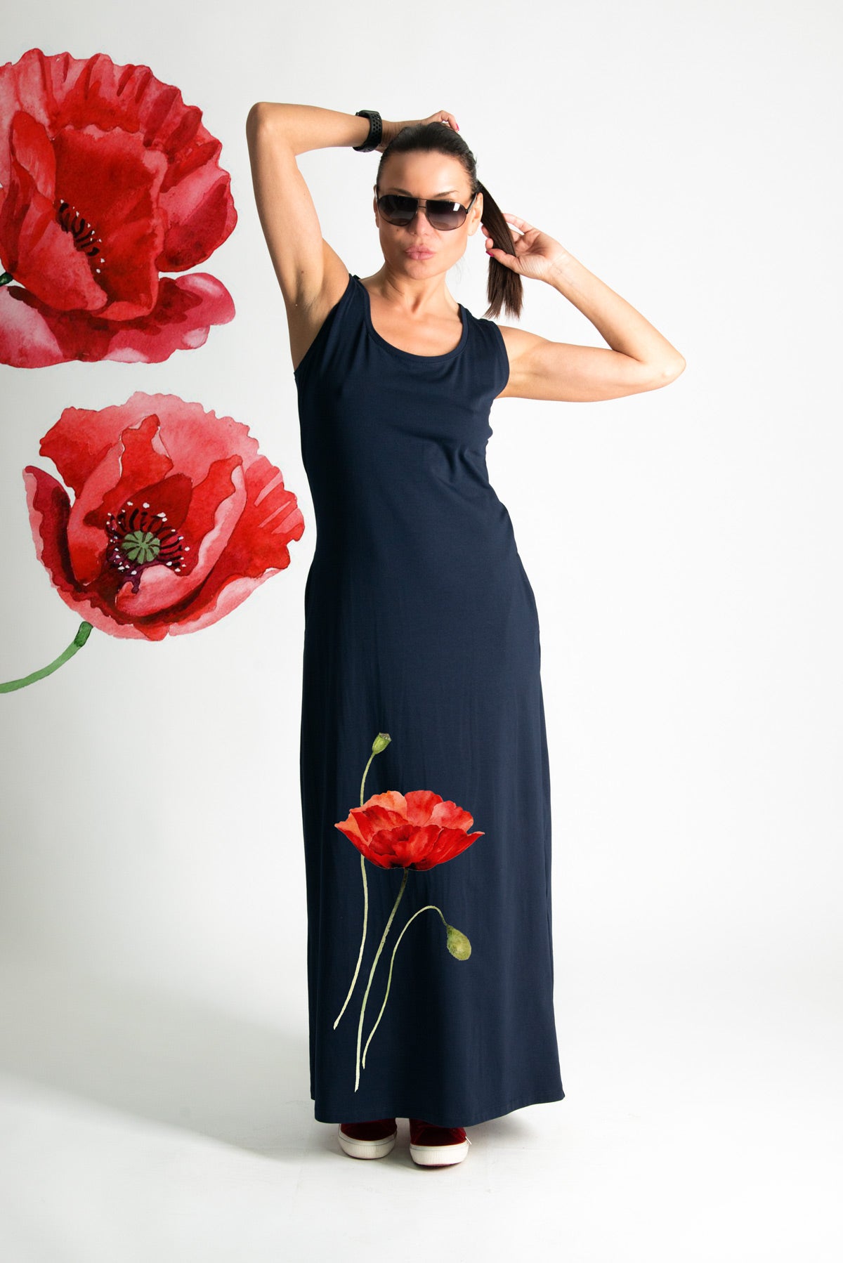 Navy Blue Poppies Jersey Dress MIKAELA SALE EugFashion 