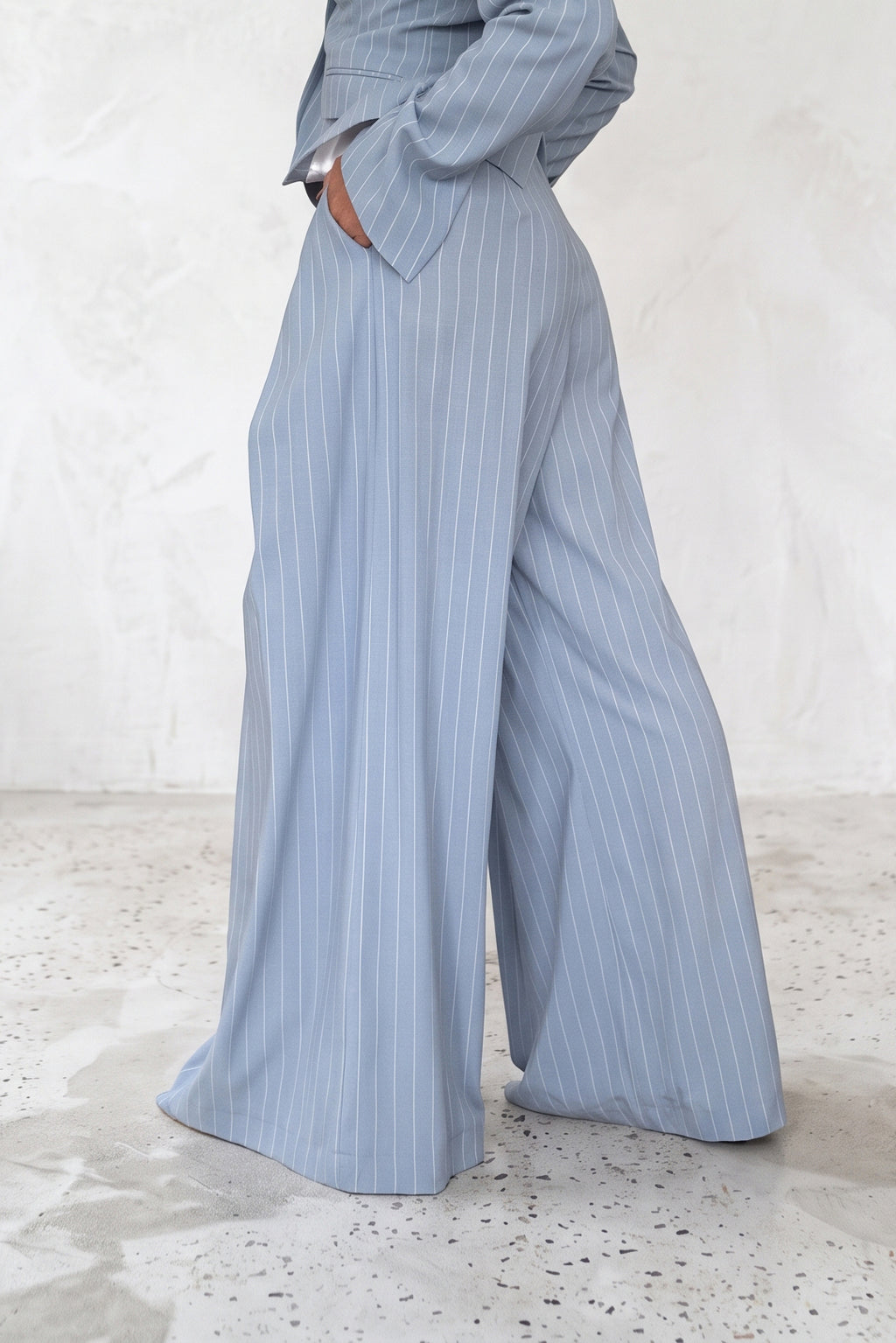 Women's light blue and white striped two-piece suit - fitted blazer and wide-leg trousers, Sandy | EUG Fashion