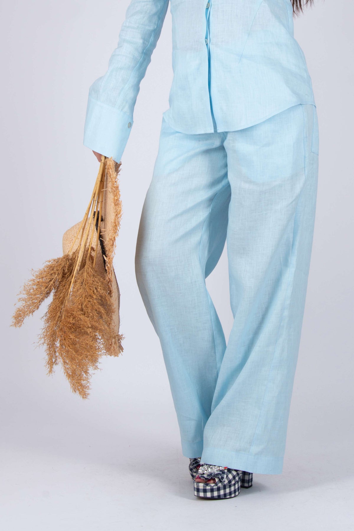 Linen long pants #light-blue