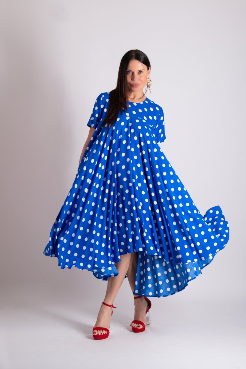 Blue Polka Dot Summer Maxi Dress KOSARA - EUG Fashion