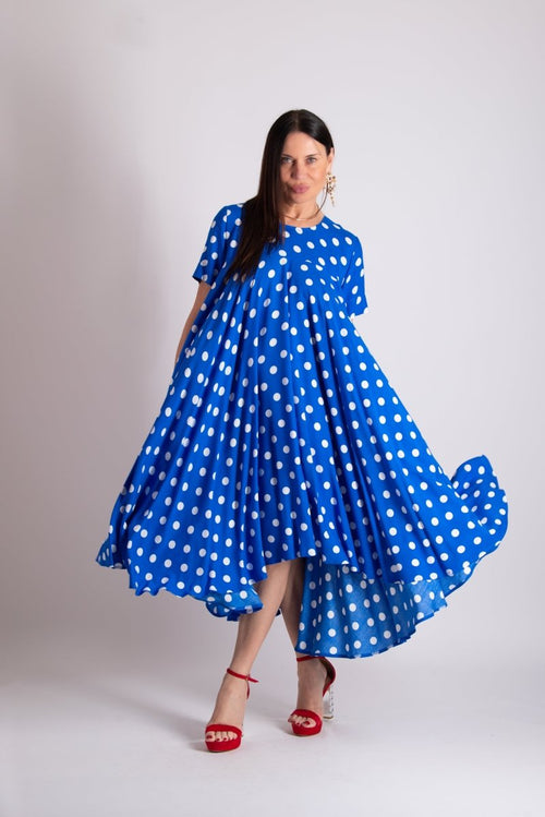Blue Polka Dot Summer Maxi Dress KOSARA - EUG Fashion