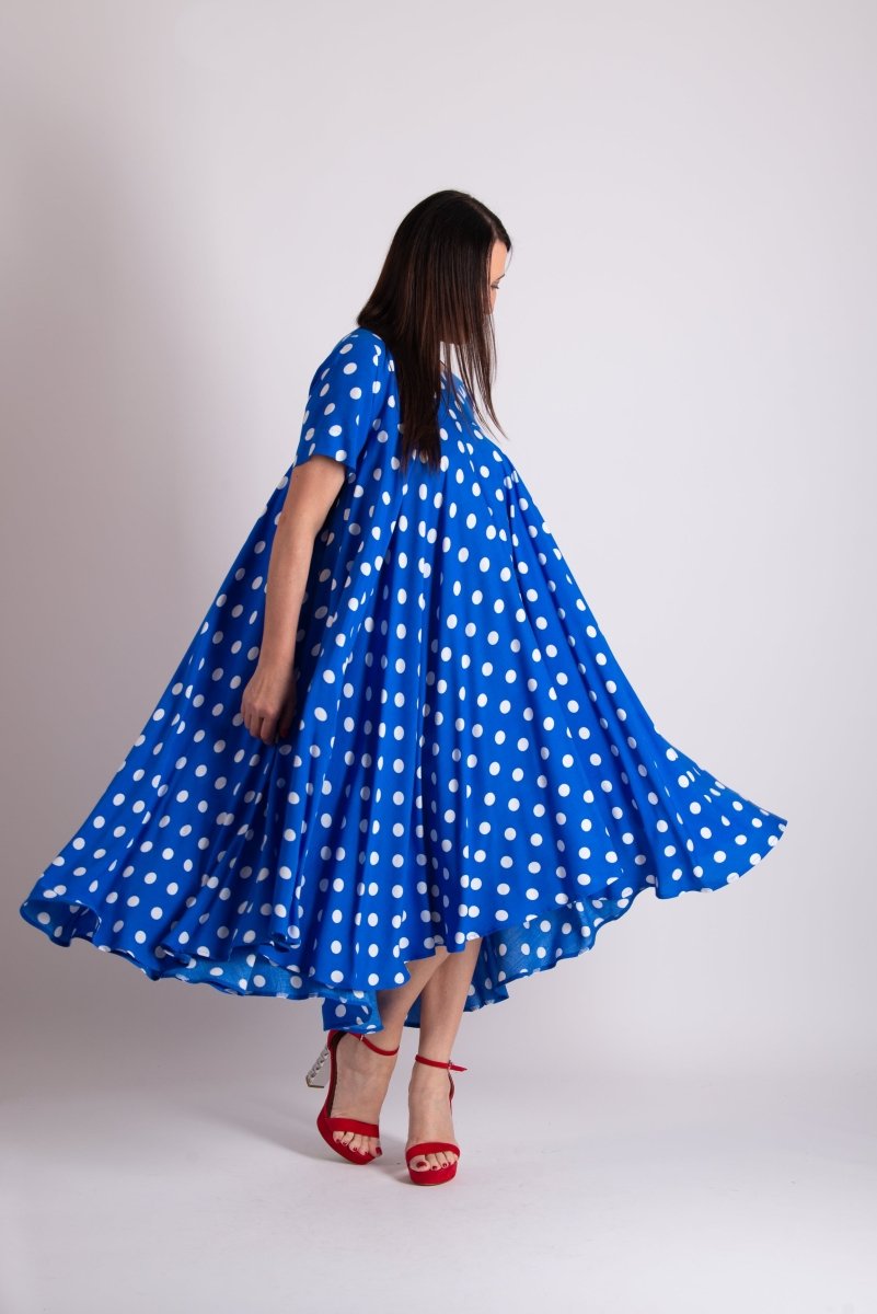 Blue Polka Dot Summer Maxi Dress KOSARA - EUG Fashion