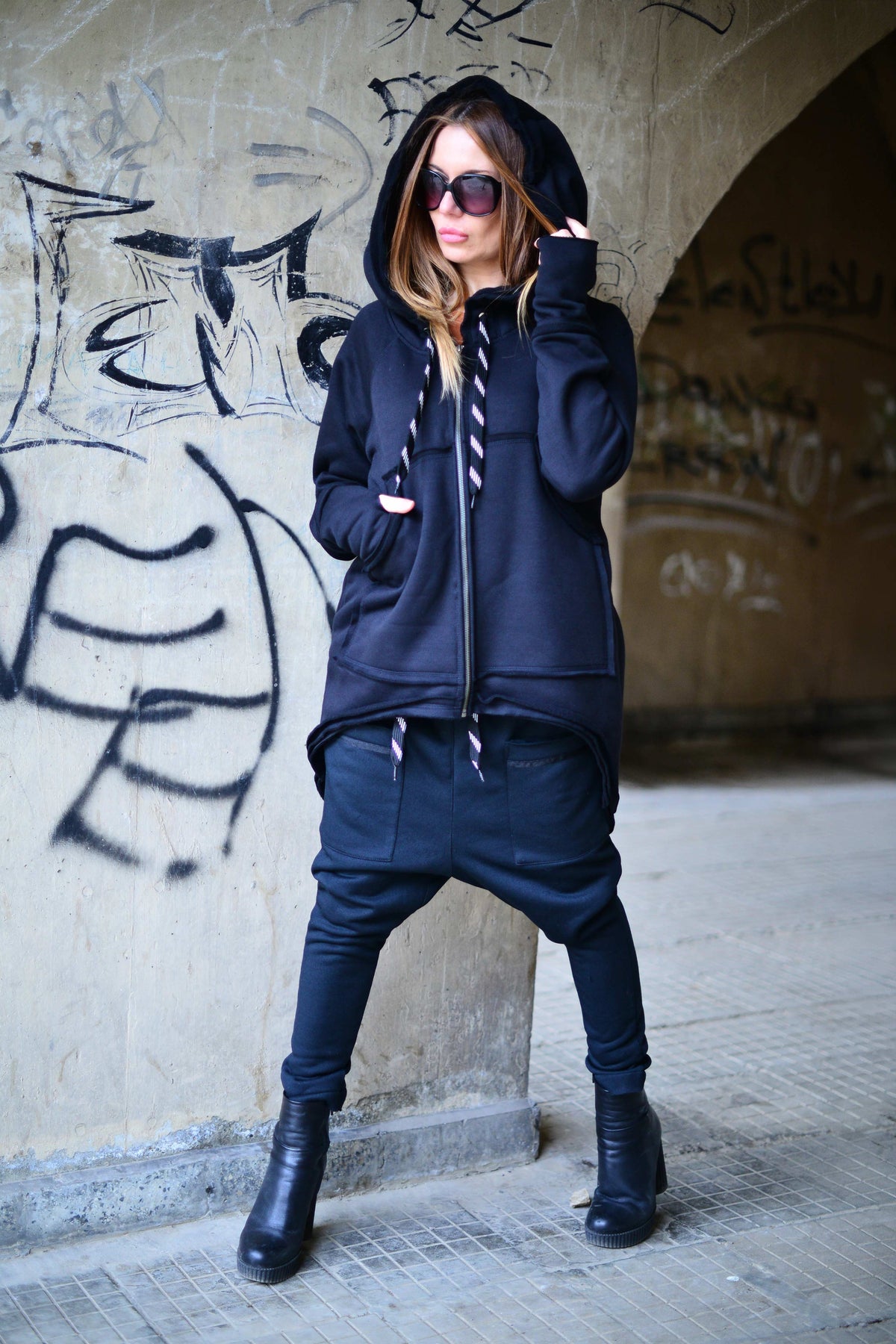 Dark Blue winter tracksuit - hooded zip-up sweatshirt and harem pants with pockets, Mell | EUG Fashion #dark-blue