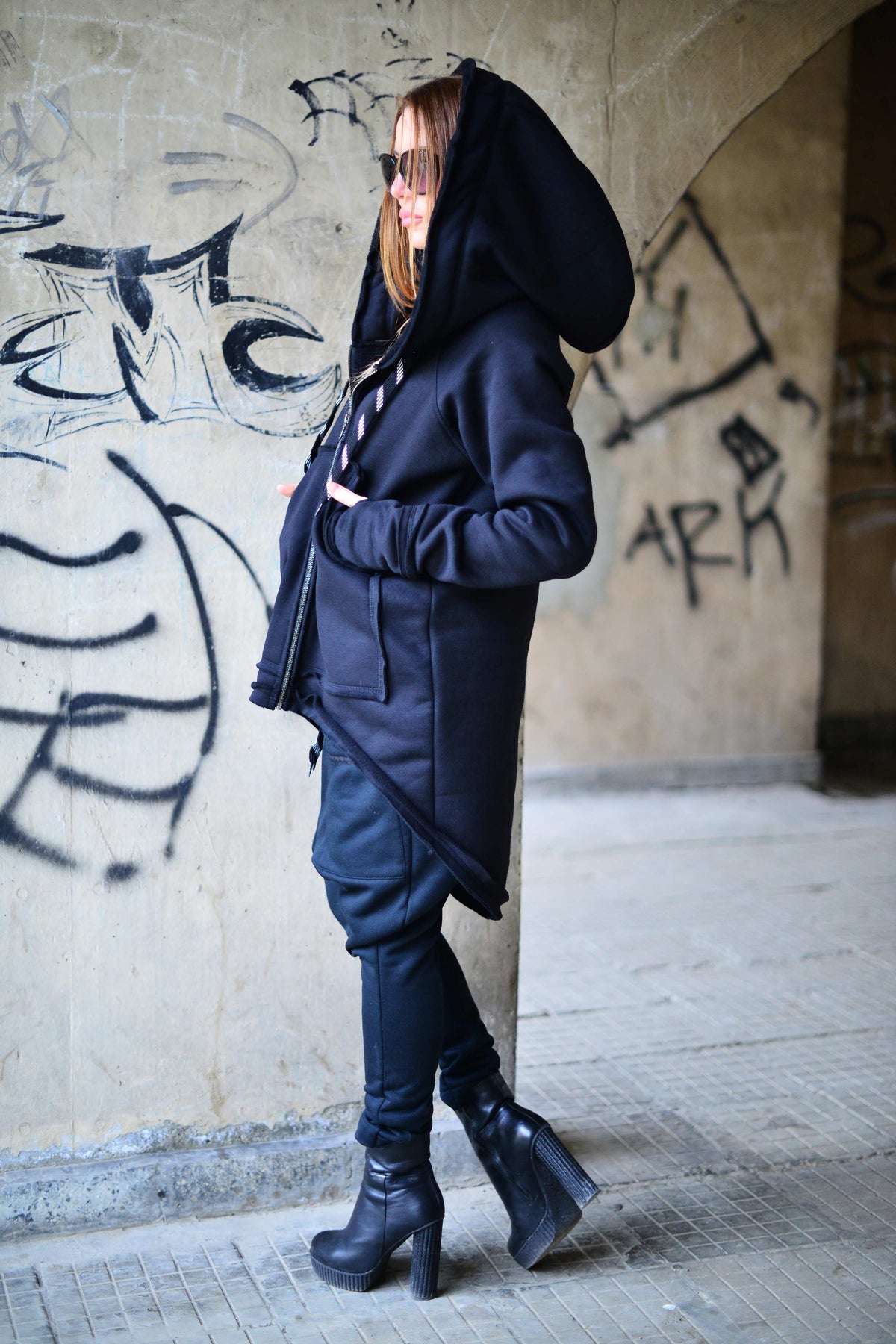 Dark Blue winter tracksuit - hooded zip-up sweatshirt and harem pants with pockets, Mell | EUG Fashion #dark-blue