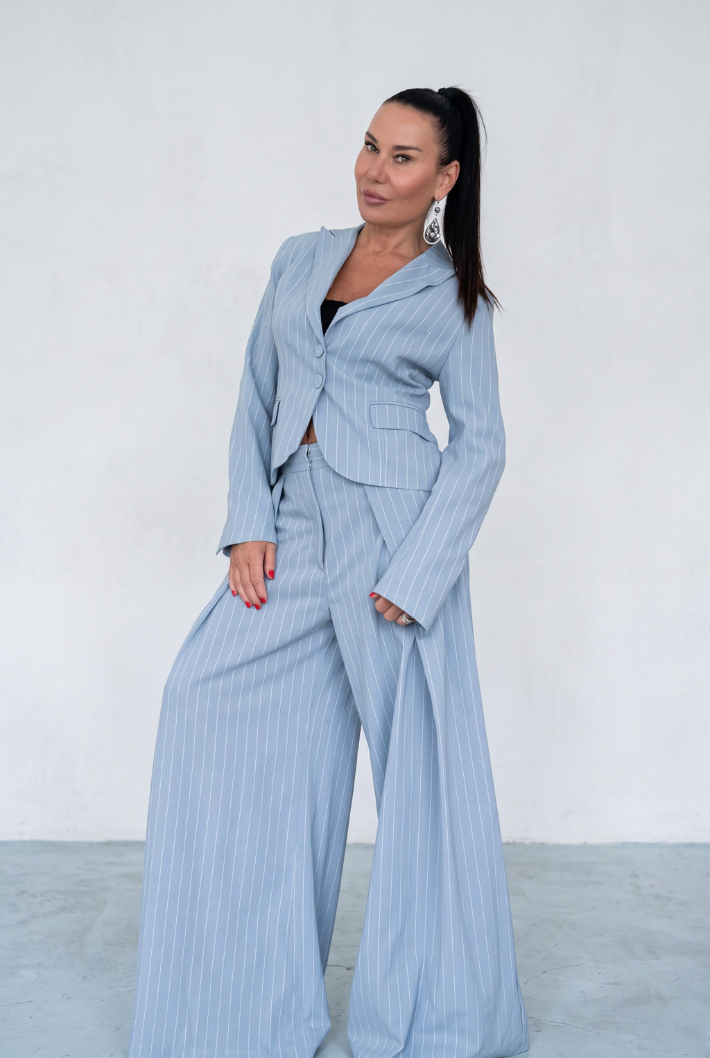 Women's light blue and white striped two-piece suit - fitted blazer and wide-leg trousers, Sandy | EUG Fashion