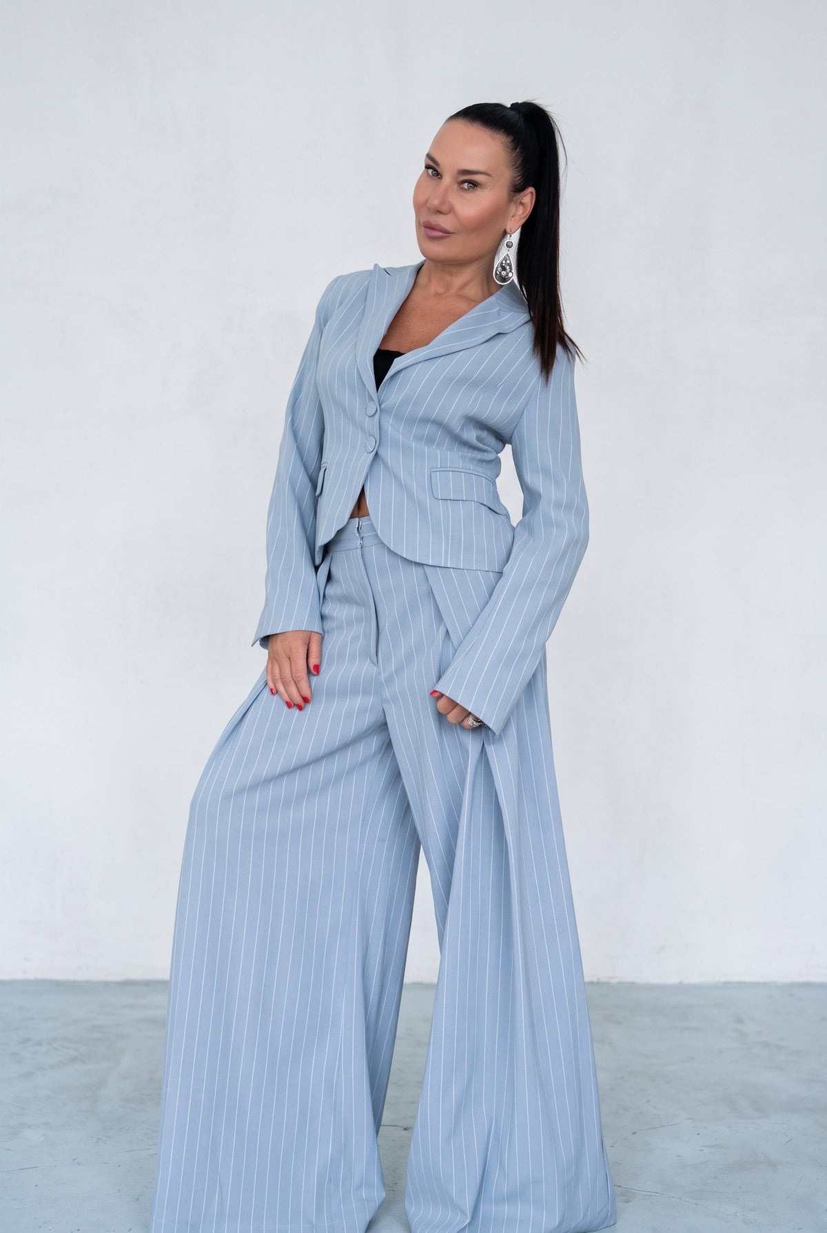 Women's light blue and white striped two-piece suit - fitted blazer and wide-leg trousers, Sandy | EUG Fashion