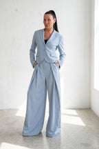 Women's light blue and white striped two-piece suit - fitted blazer and wide-leg trousers, Sandy | EUG Fashion