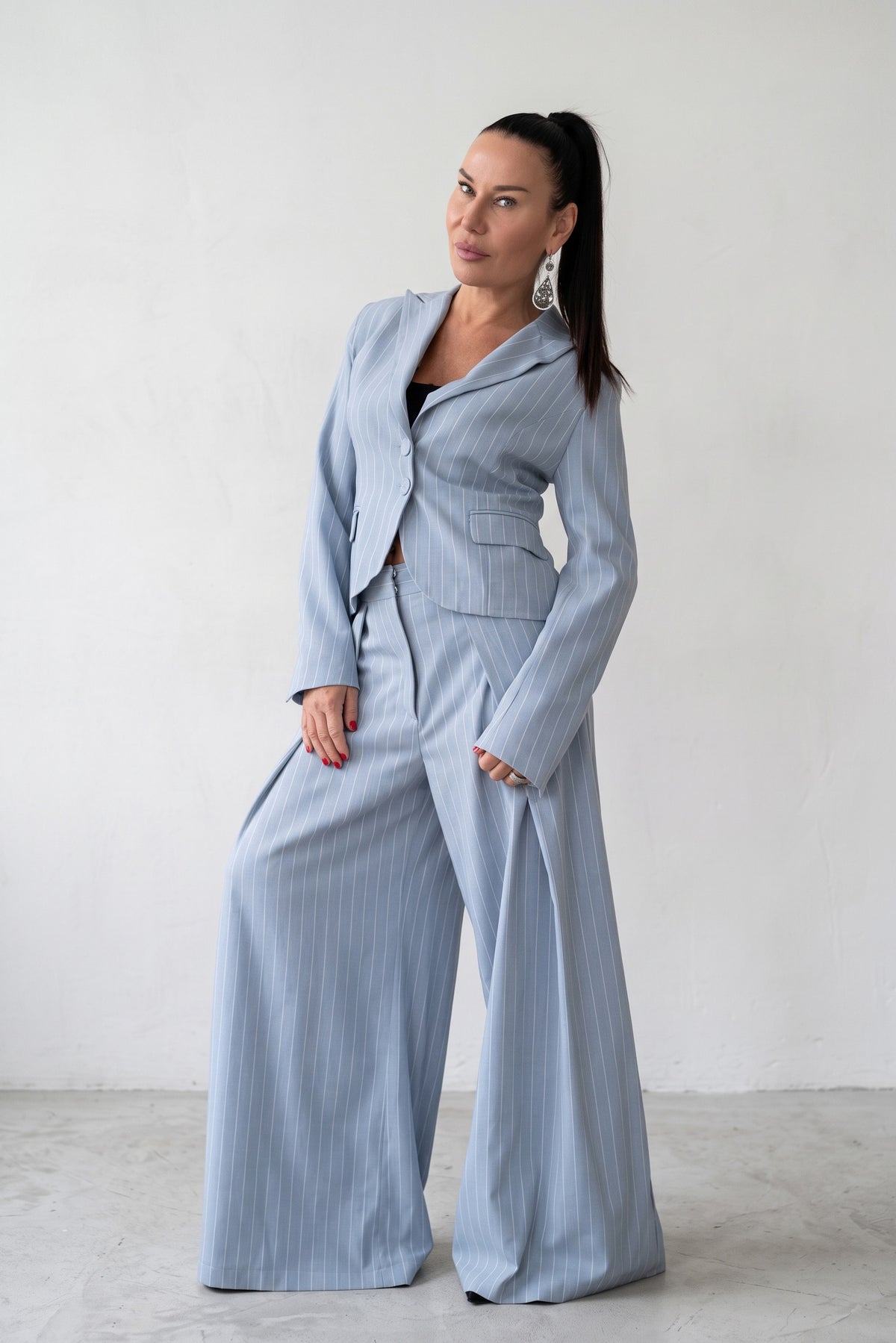 Women's light blue and white striped two-piece suit - fitted blazer and wide-leg trousers, Sandy | EUG Fashion