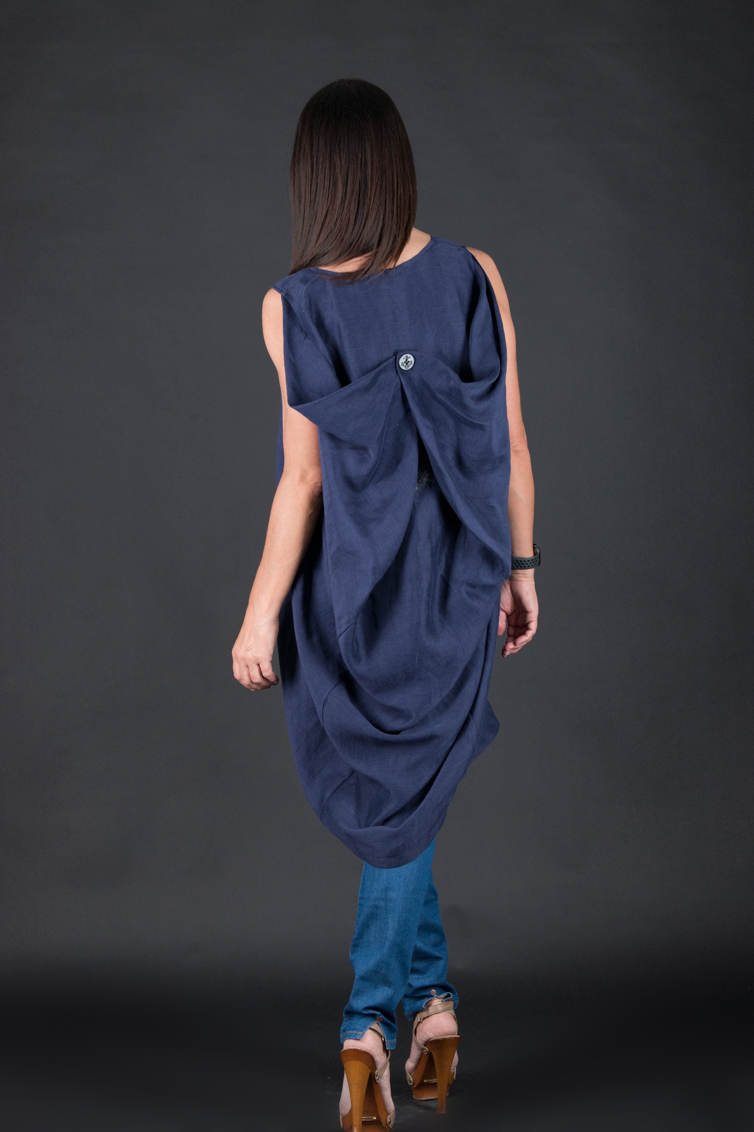 linen loose fit long top #dark-blue
