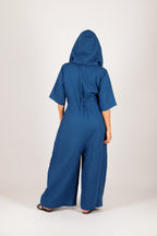 Hooded linen wide jumpsuit #blue