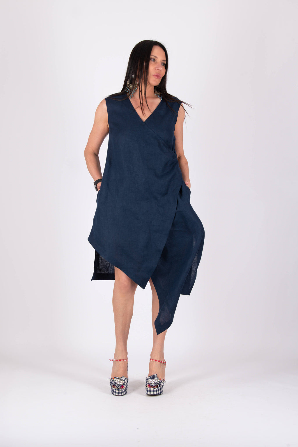 woman wrap linen dress-Eug fashion #dark-blue