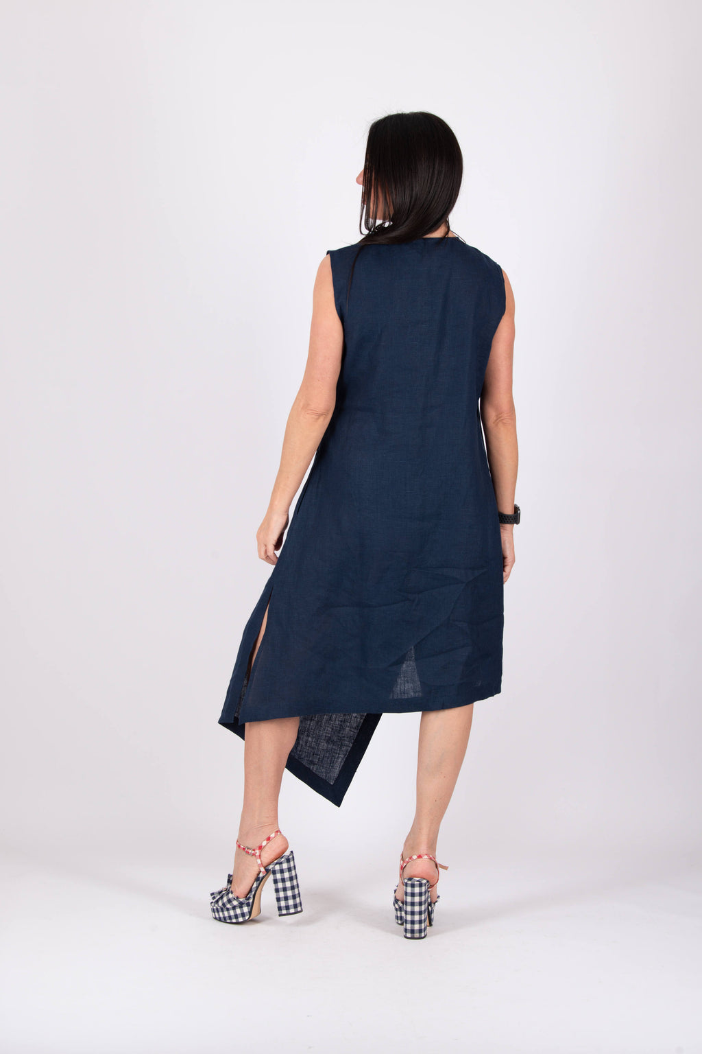 woman wrap linen dress-Eug fashion #dark-blue