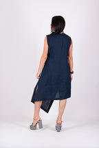woman wrap linen dress-Eug fashion #dark-blue