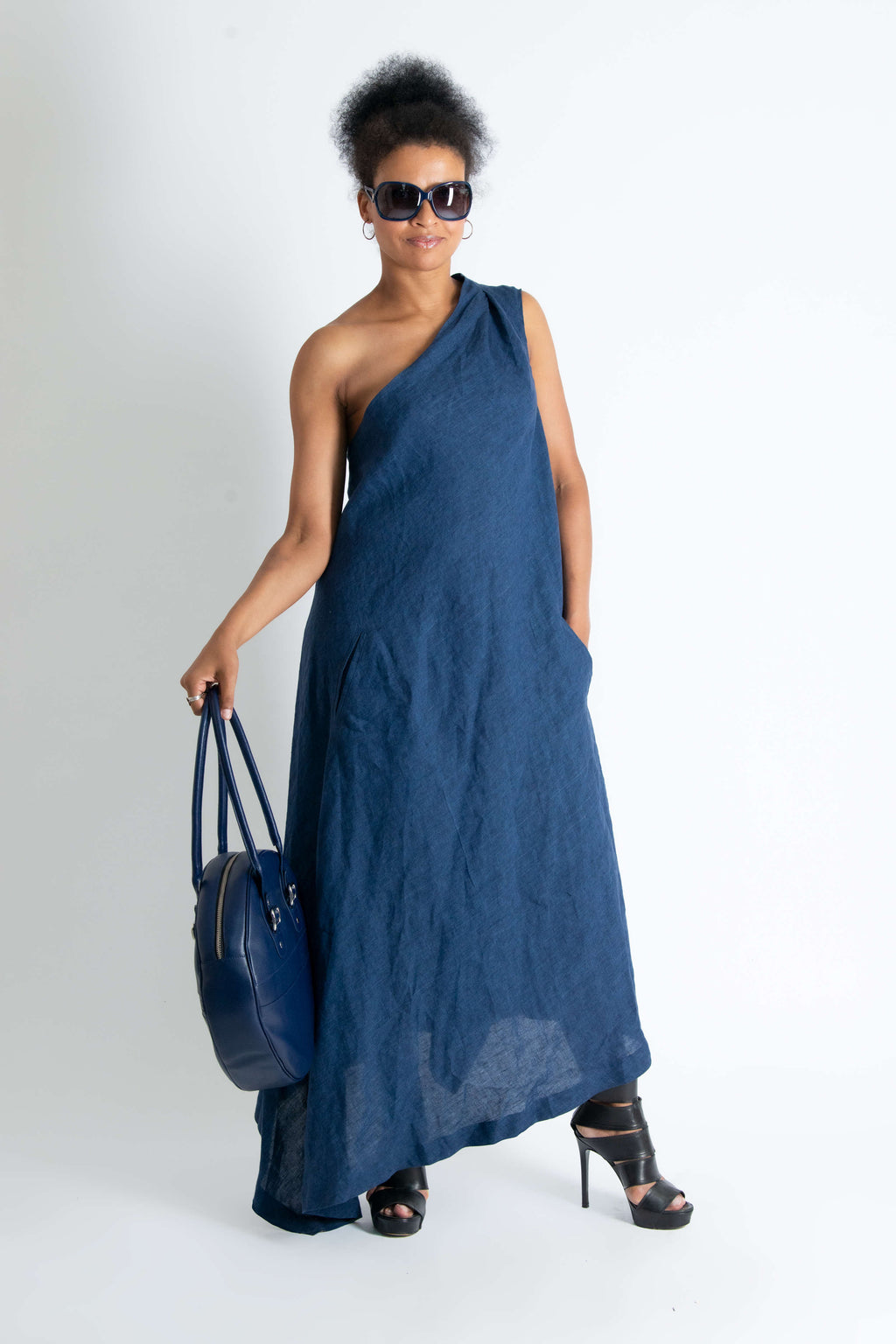 one shoulder linen dress #navy