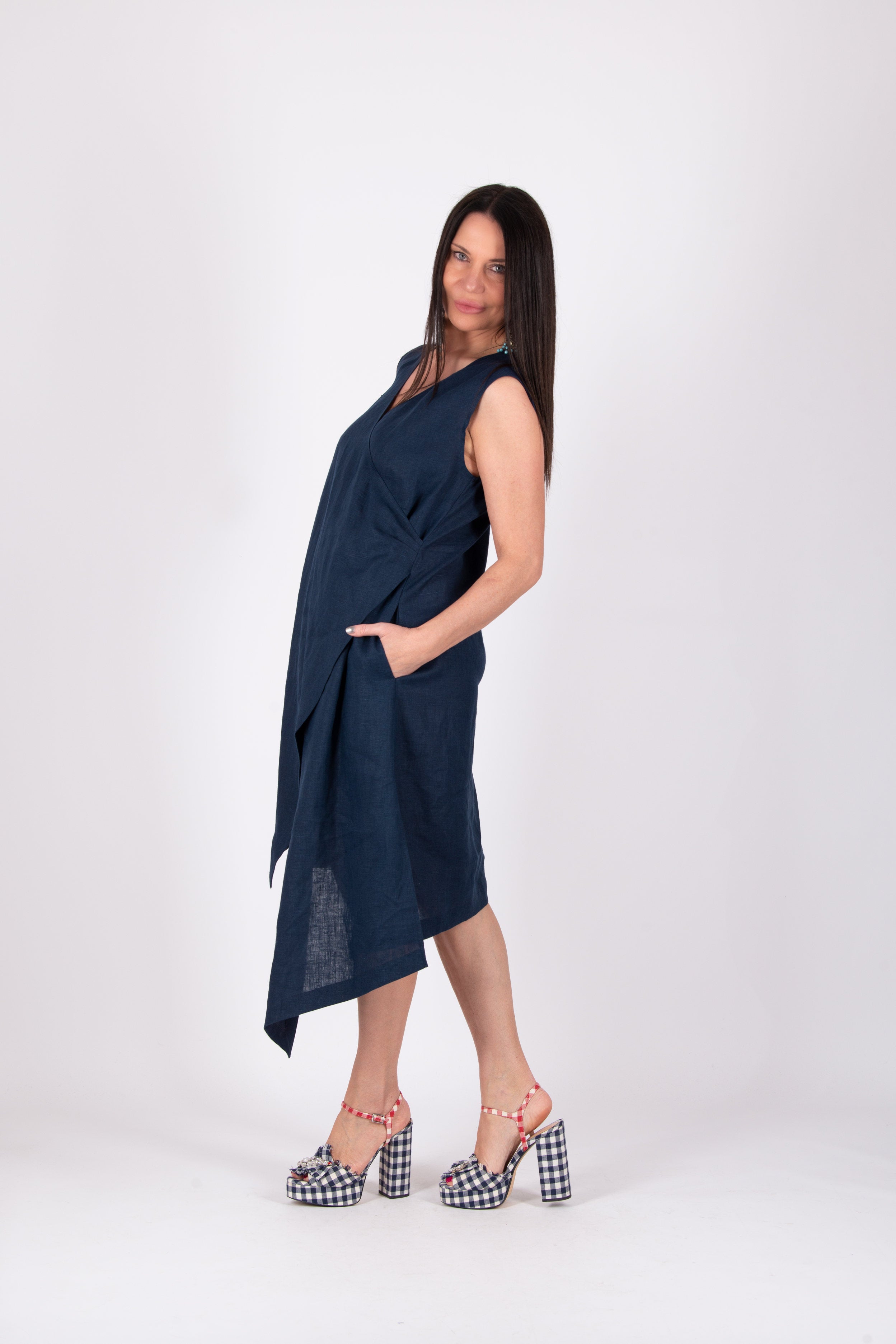woman wrap linen dress-Eug fashion #dark-blue