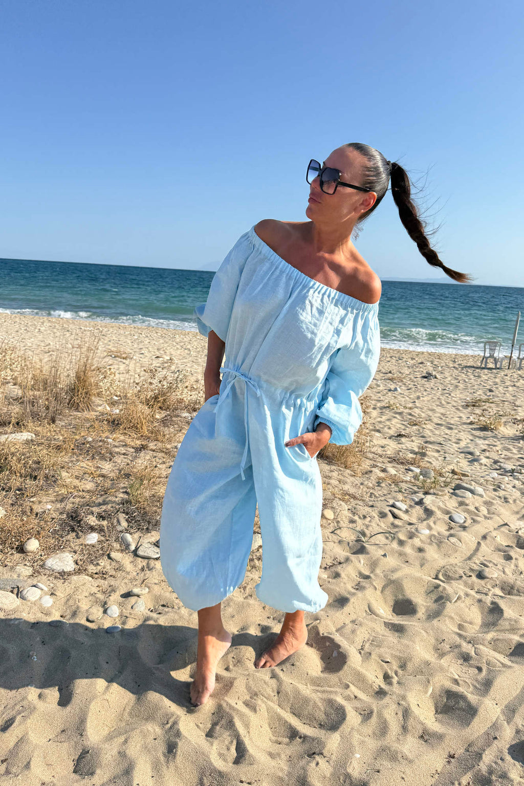 off shoulders linen jumpsuit #light-blue