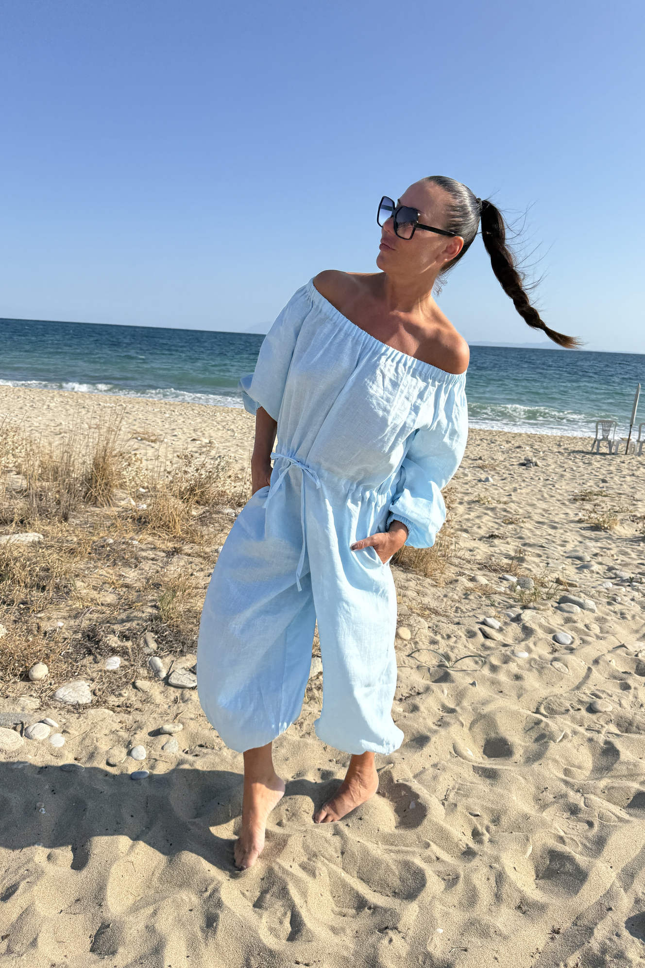 off shoulders linen jumpsuit #light-blue