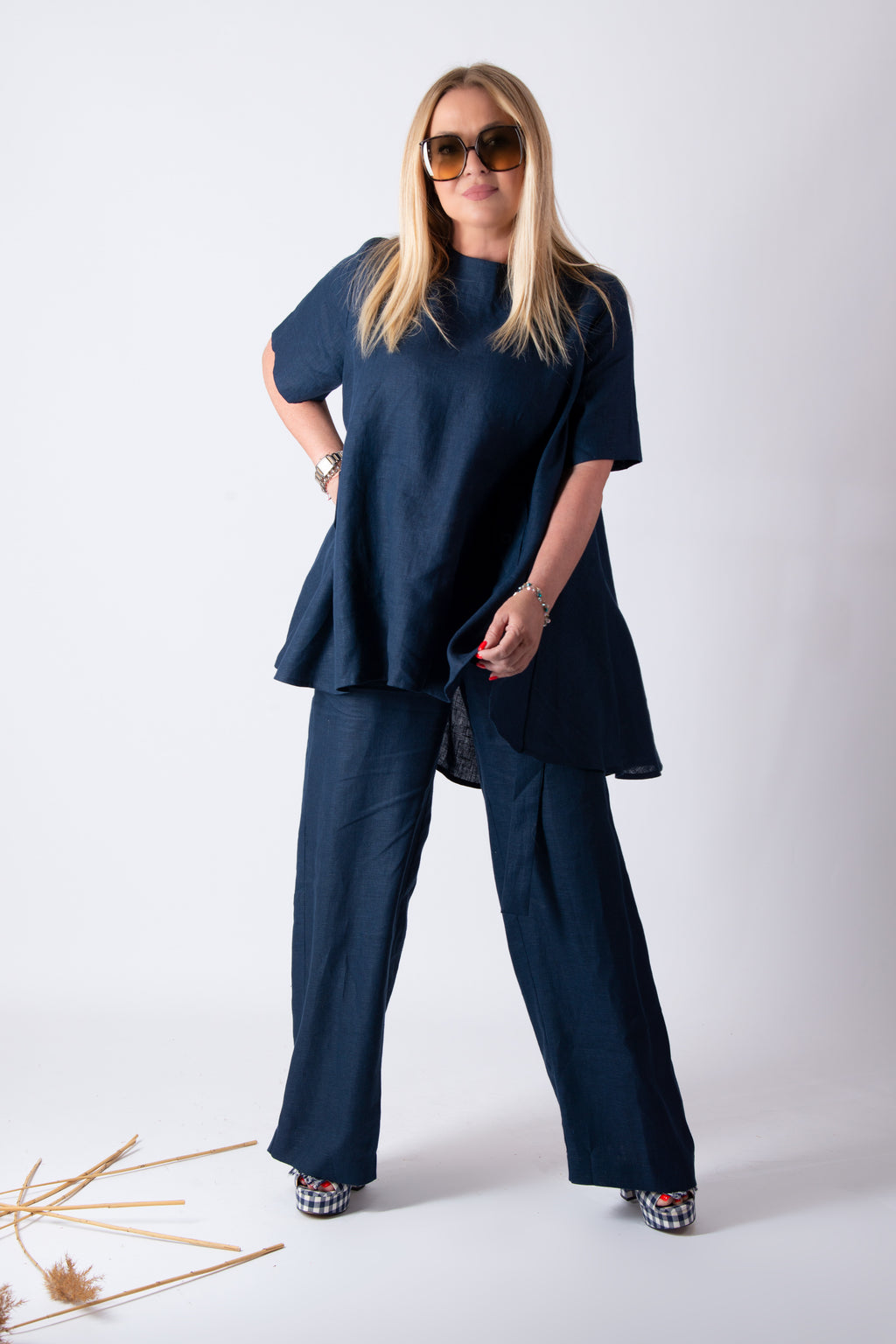Linen outfit pants and tunic - EUG fashion #dark-blue