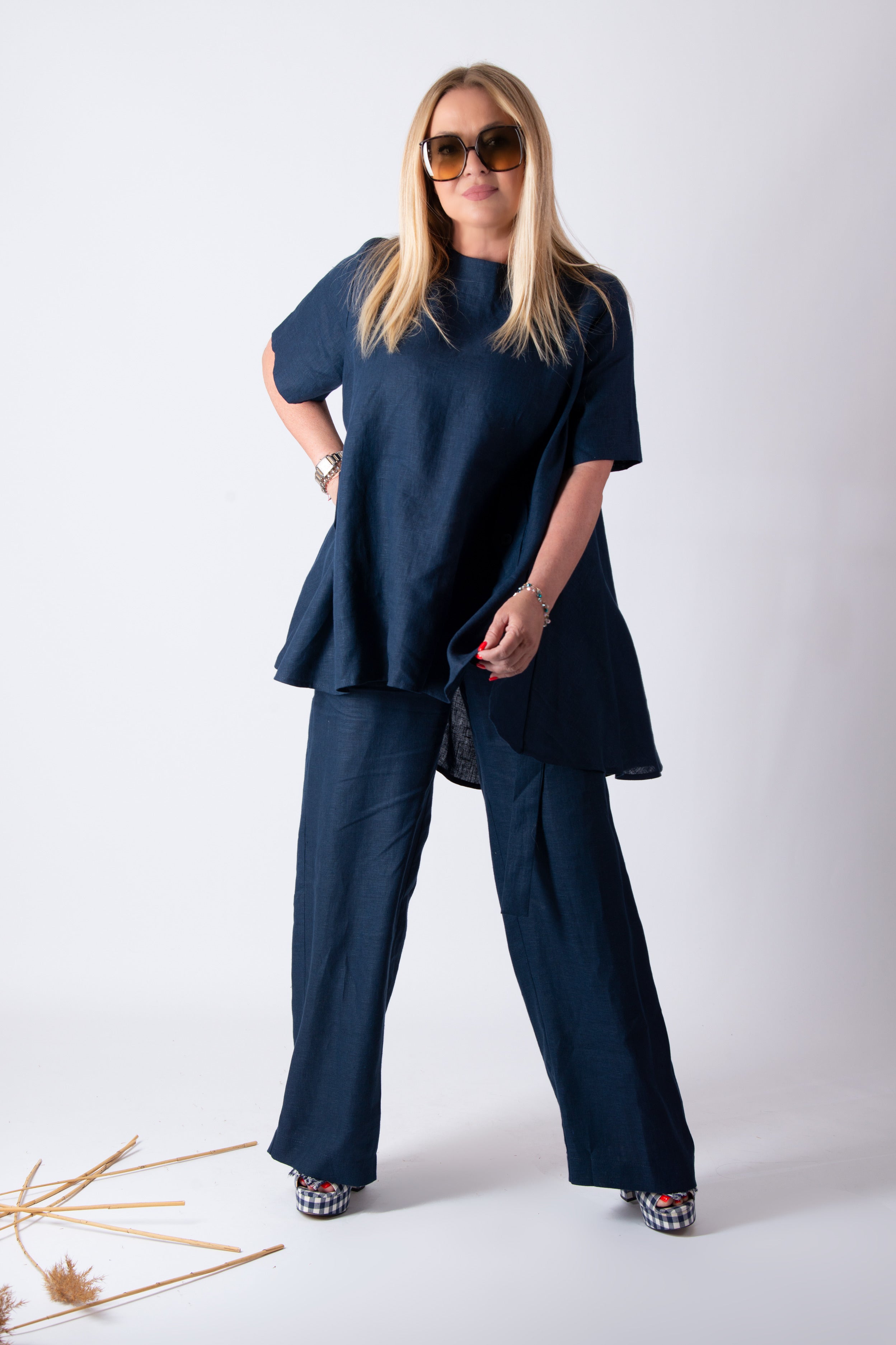 Linen outfit pants and tunic - EUG fashion #dark-blue