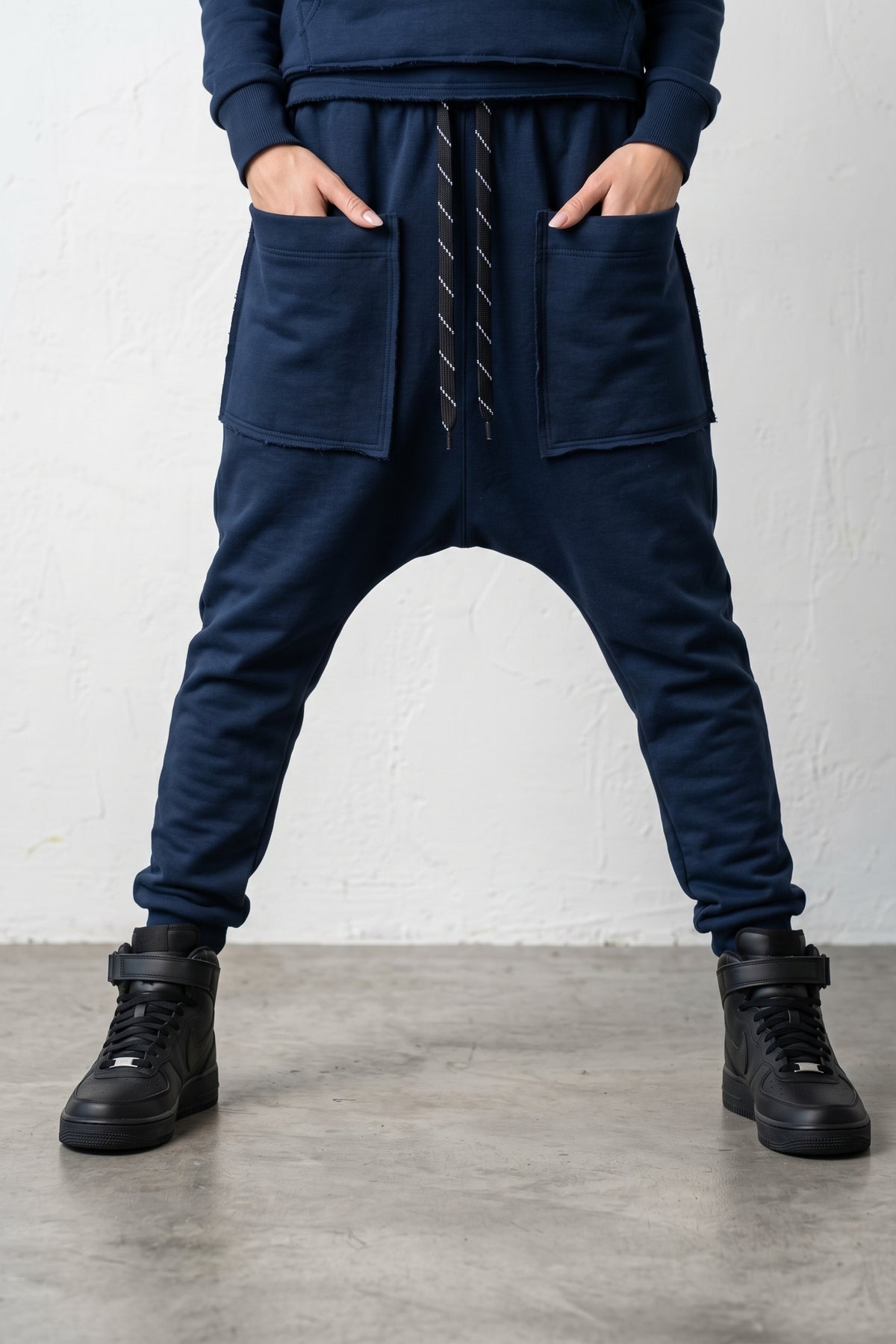 Dark blue harem pants with dropped crotch and raw unfinished edges - elastic waistband, thick cotton wadding, Megan | EUG Fashion #dark-blue