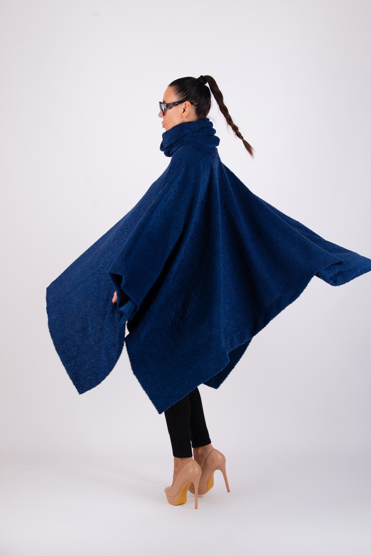 Royal blue soft bouclé knitted poncho with turtleneck and asymmetric arm openings - relaxed silhouette, Eva | EUG Fashion #royal-blue
