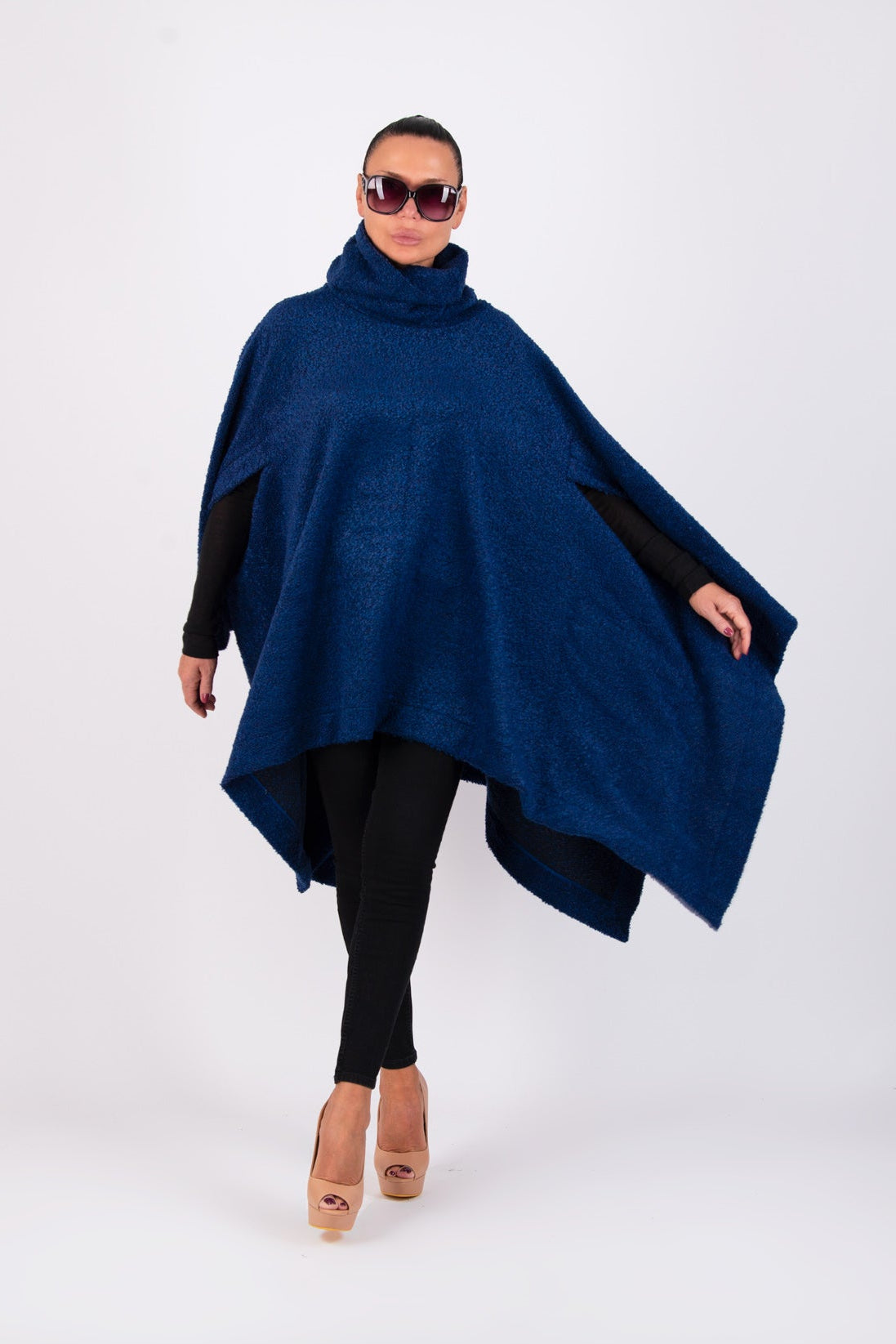 Royal blue soft bouclé knitted poncho with turtleneck and asymmetric arm openings - relaxed silhouette, Eva | EUG Fashion #royal-blue

