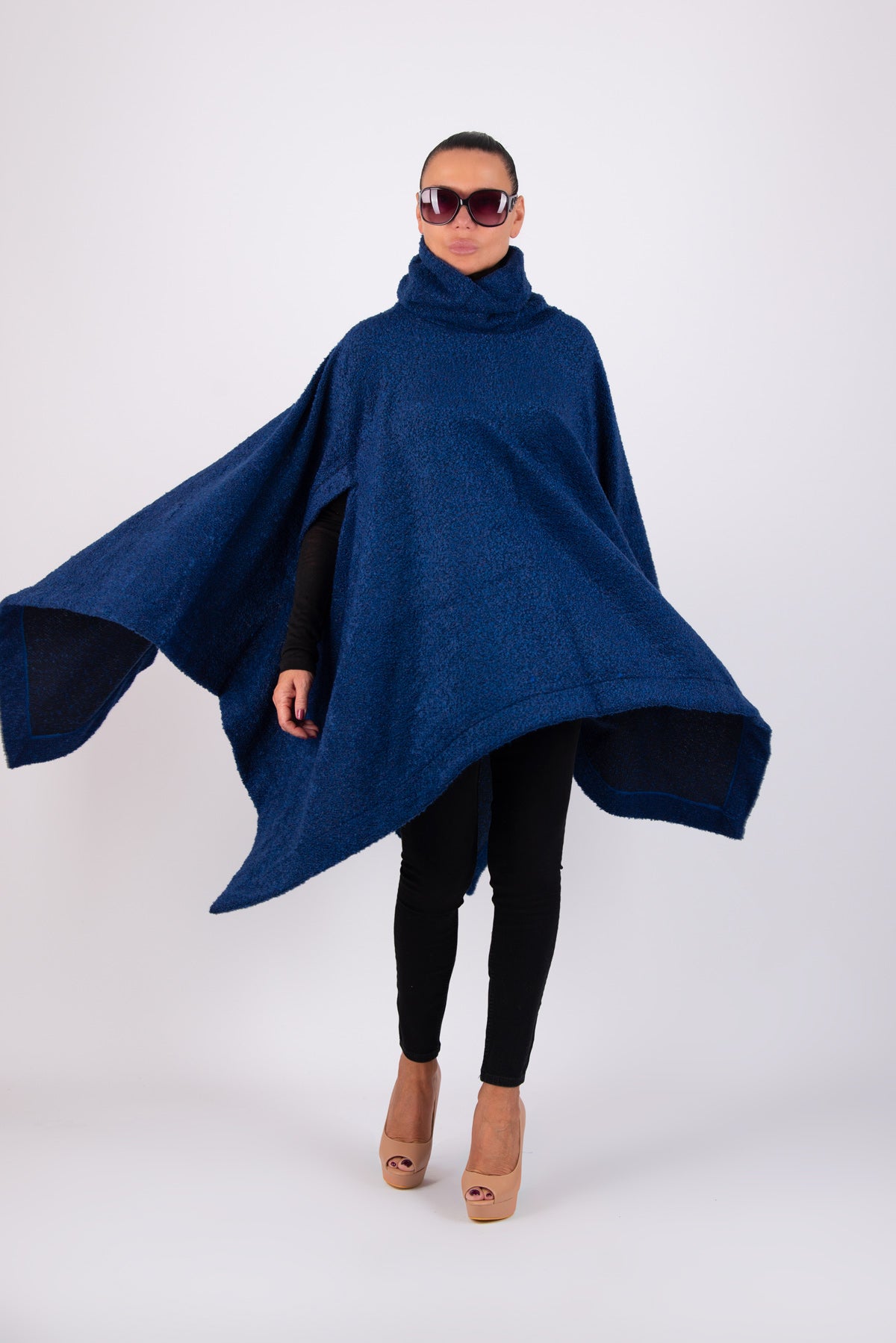 Royal blue soft bouclé knitted poncho with turtleneck and asymmetric arm openings - relaxed silhouette, Eva | EUG Fashion #royal-blue
