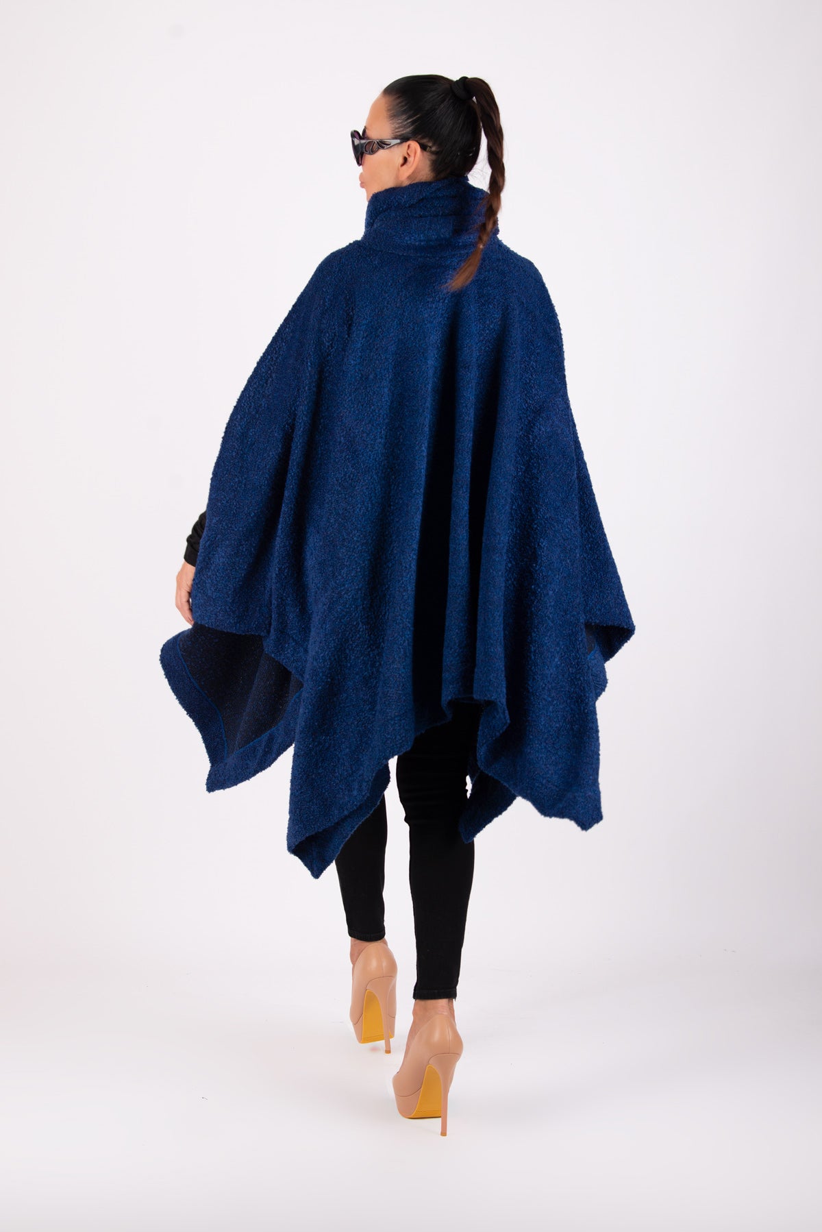 Royal blue soft bouclé knitted poncho with turtleneck and asymmetric arm openings - relaxed silhouette, Eva | EUG Fashion #royal-blue
