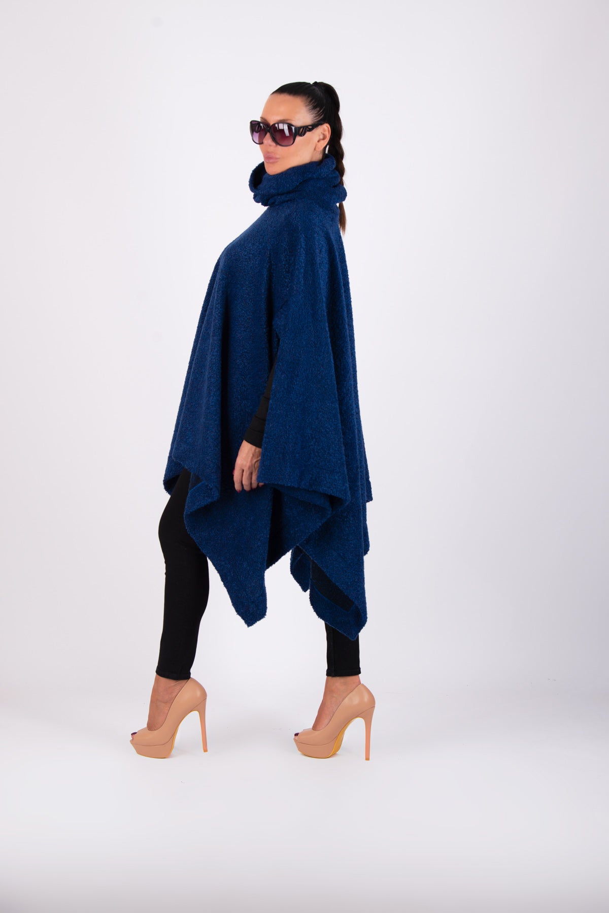Royal blue soft bouclé knitted poncho with turtleneck and asymmetric arm openings - relaxed silhouette, Eva | EUG Fashion #royal-blue
