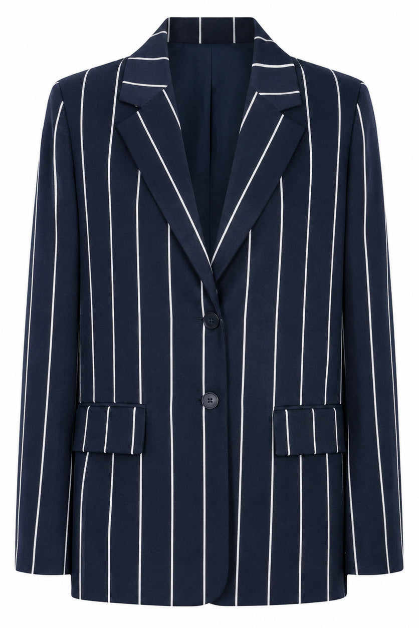 Navy three-piece suit in navy-and-white stripes - relaxed blazer, open-back vest, wide-leg trousers, Yamas | EUG Fashion #navy
