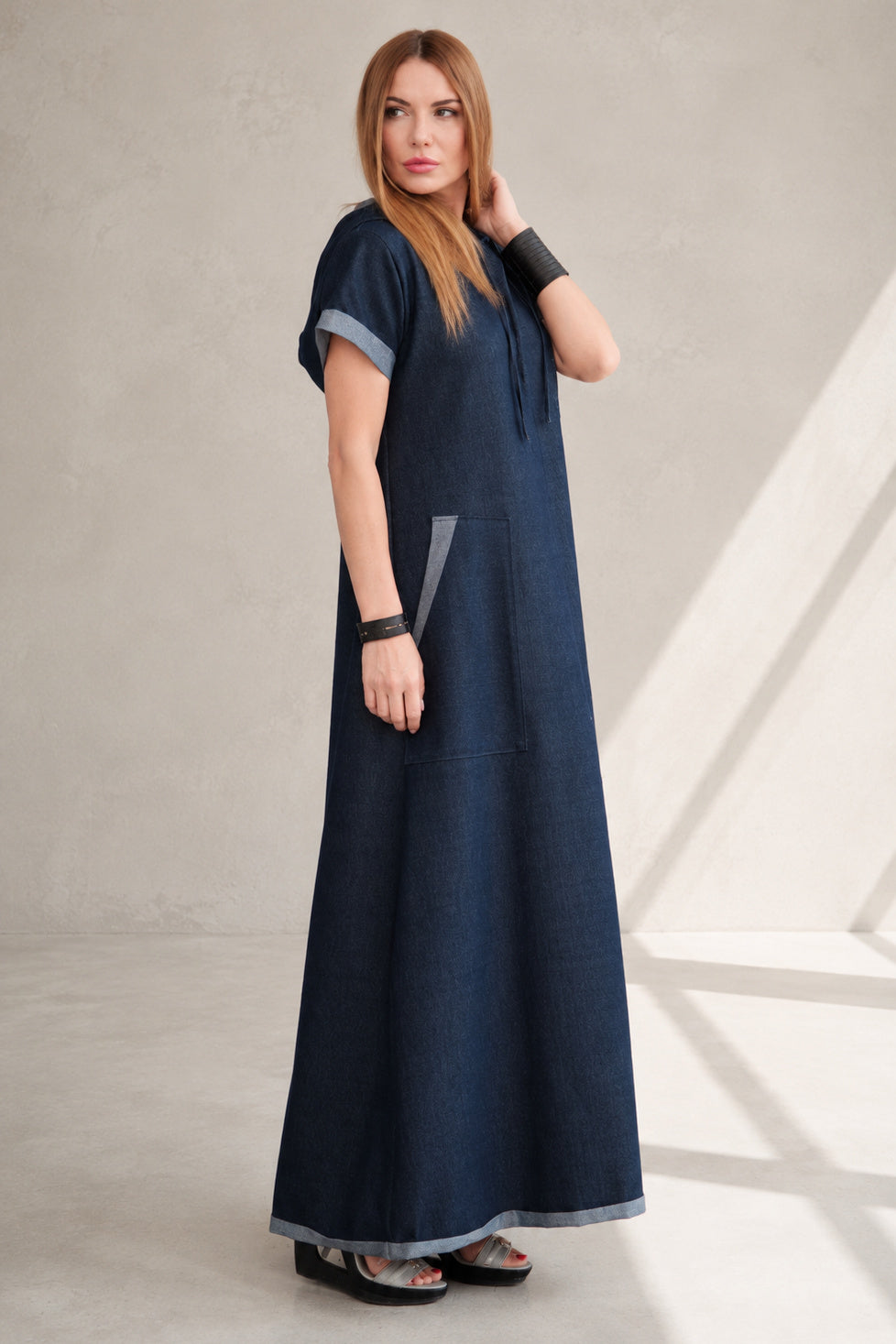 Blue jeans hooded maxi dress Kasandra - EUG Fashion
