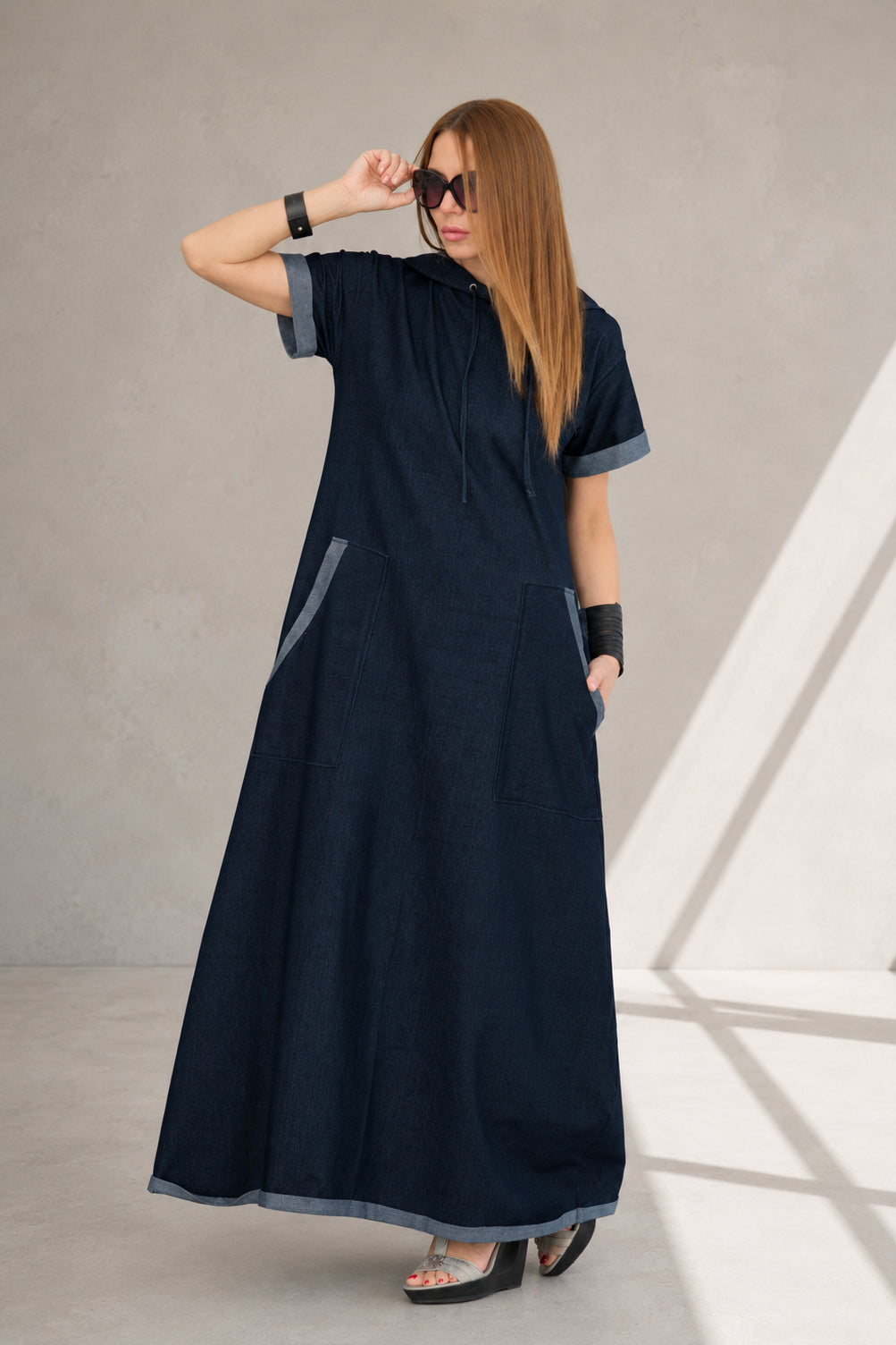 Blue jeans hooded maxi dress Kasandra - EUG Fashion
