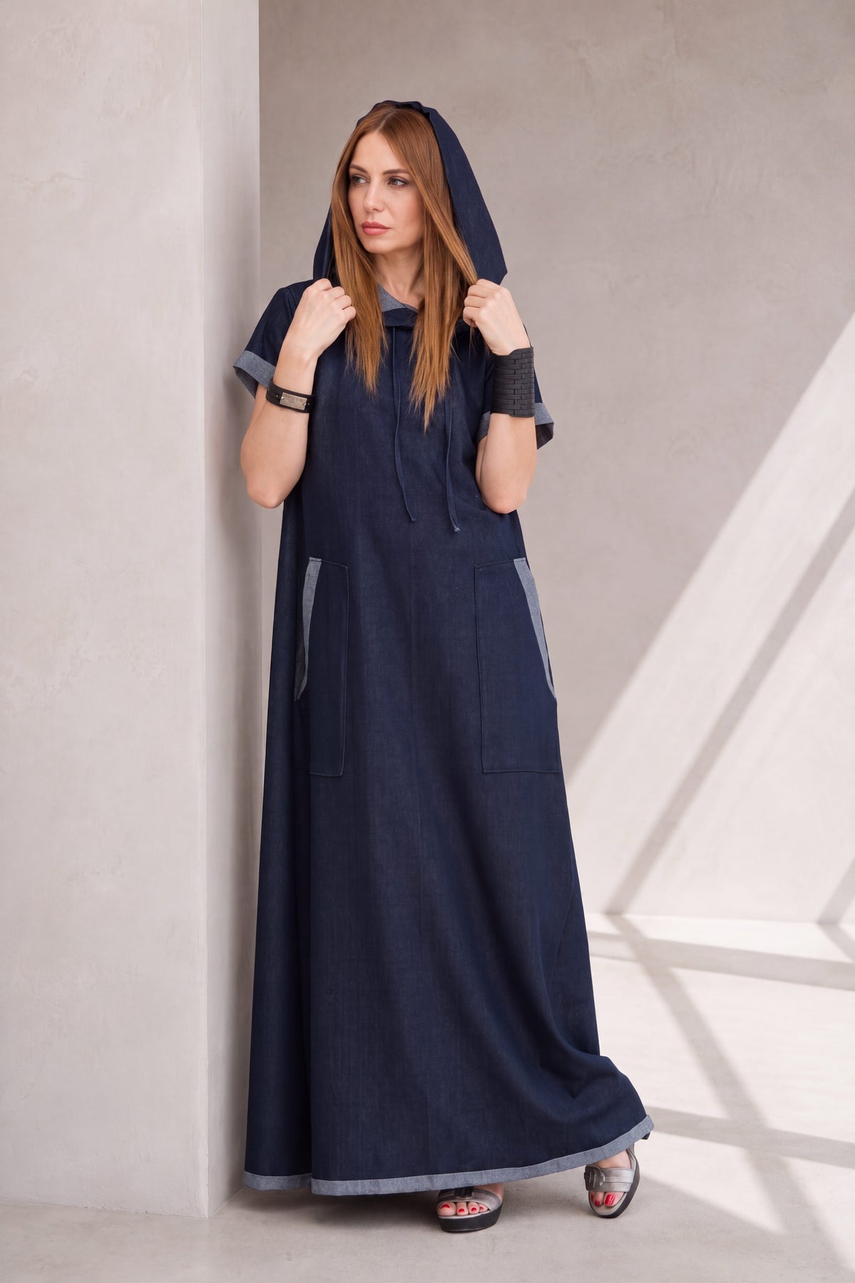 Blue jeans hooded maxi dress Kasandra - EUG Fashion
