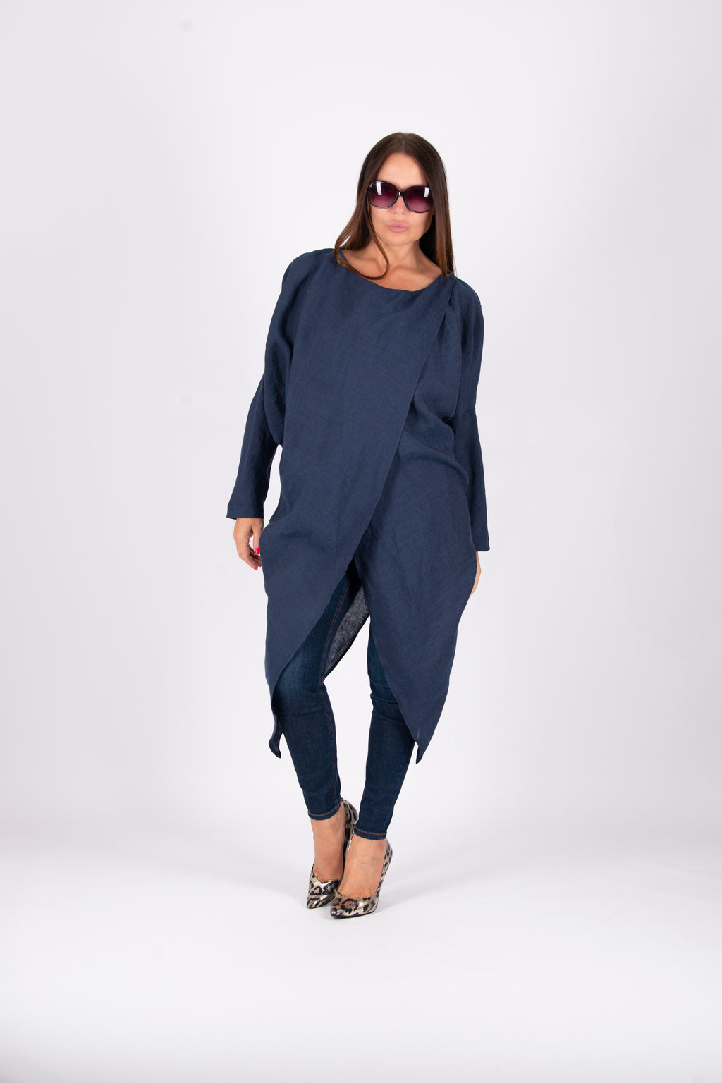 linen long sleeves top #dark-blue