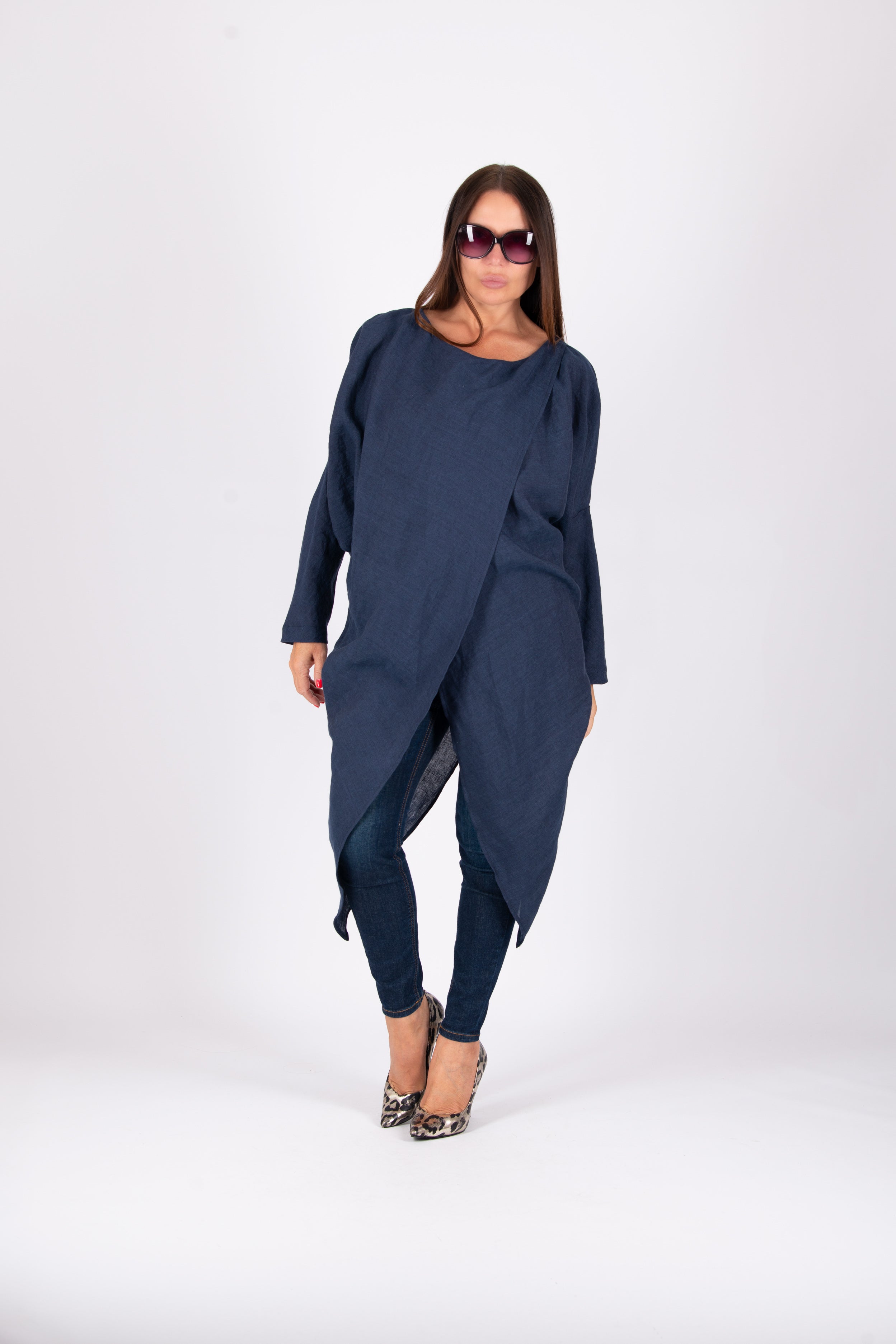 linen long sleeves top #dark-blue