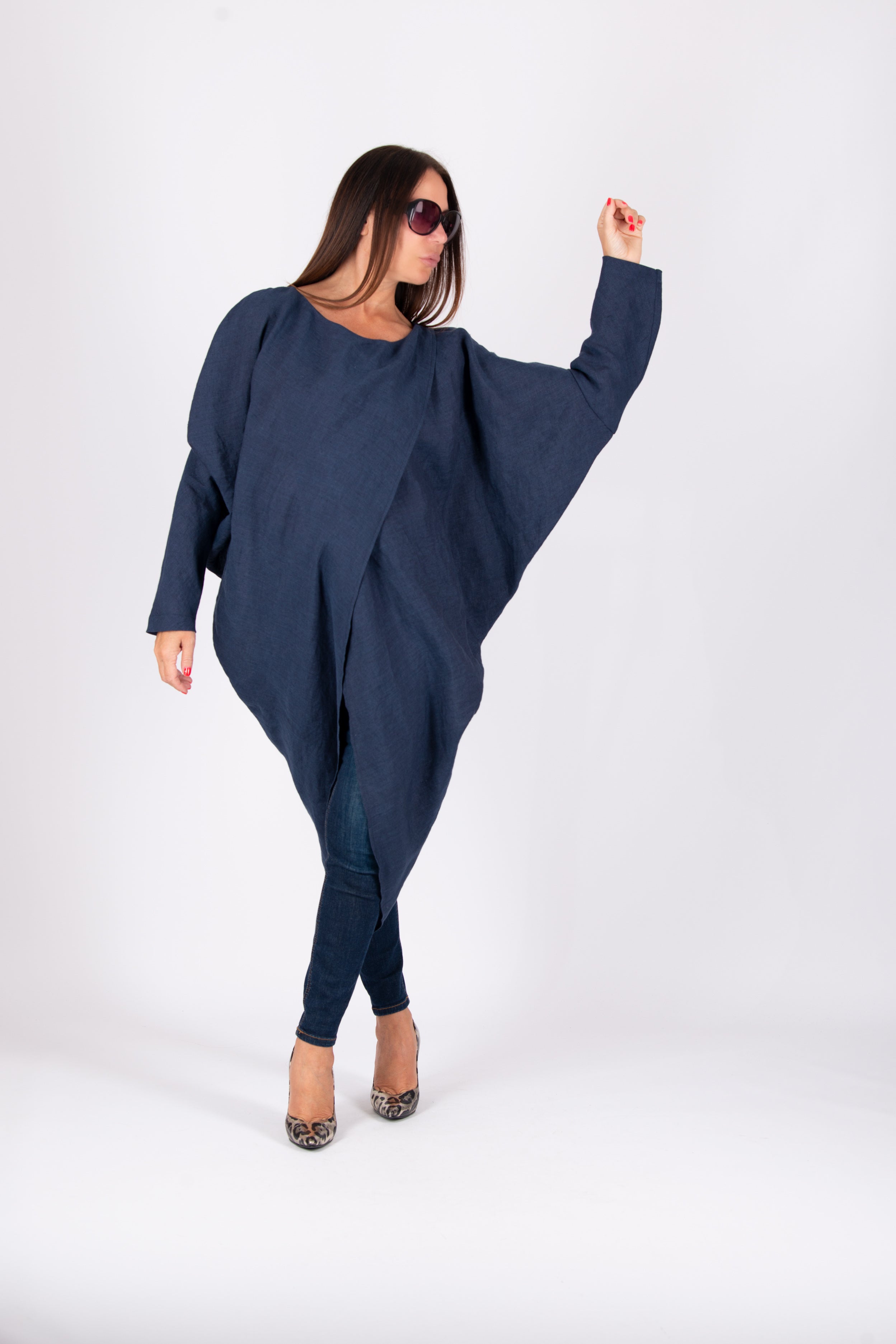 linen long sleeves top #dark-blue