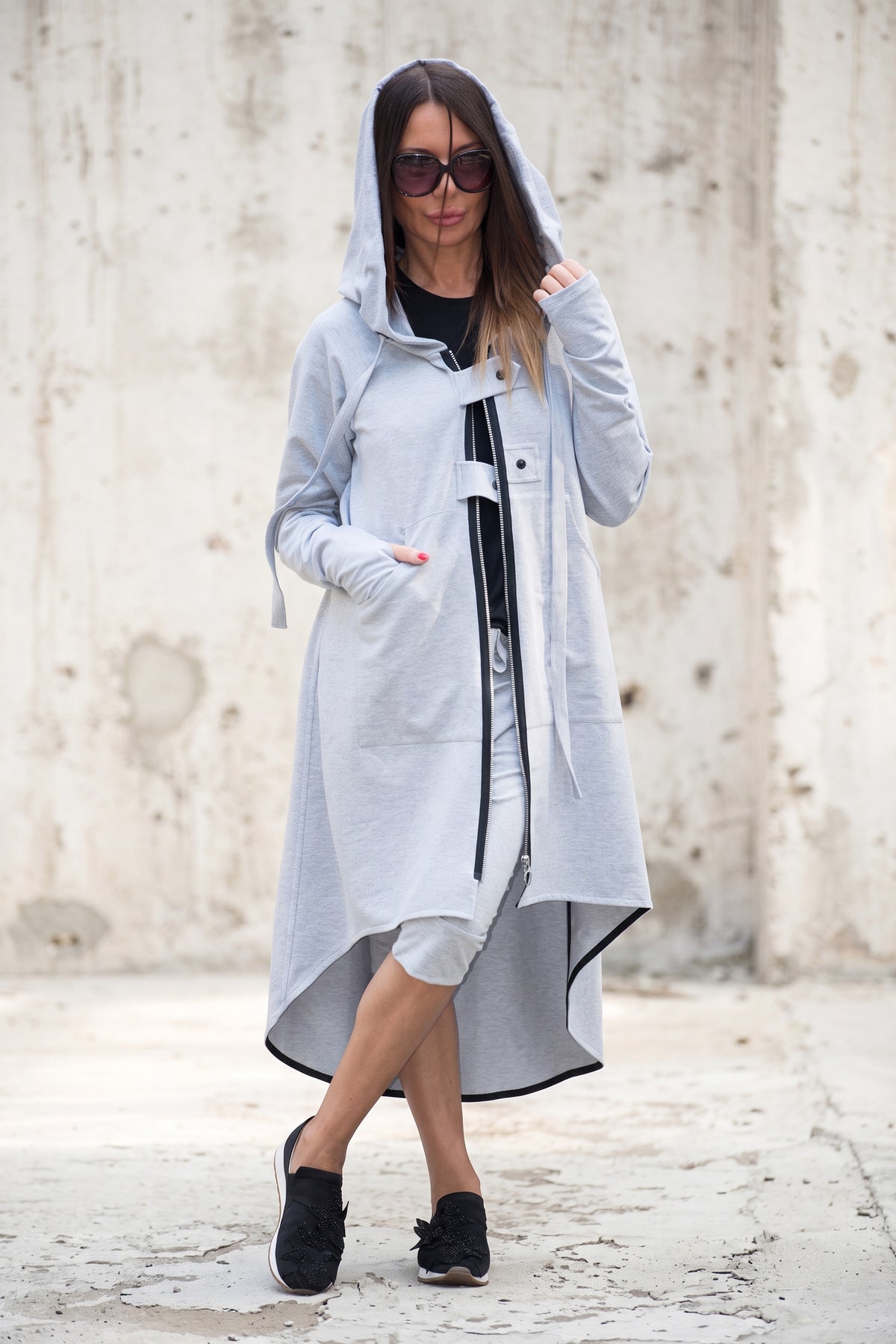 Light Grey cotton terry zip-up hoodie - asymmetric cut, waist drawstring and two fastening tabs, Brandy | EUG Fashion #light-grey